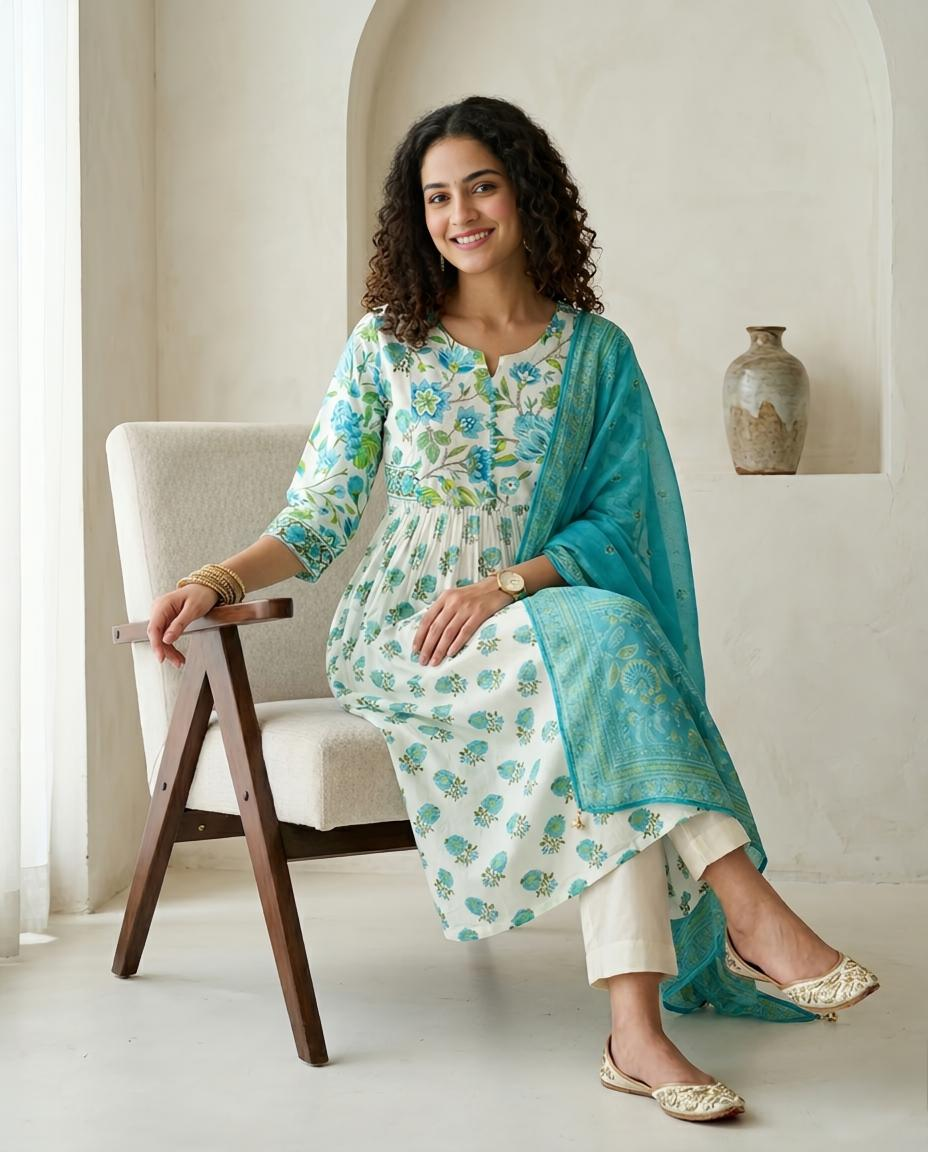 Hand Block Print Mul Cotton A-Line Stitched Suit Set