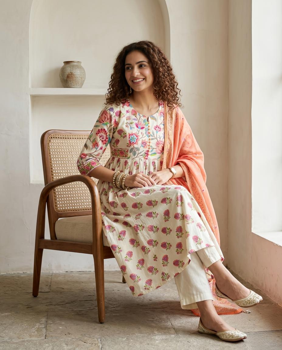 Hand Block Print Mul Cotton A-Line Stitched Suit Set