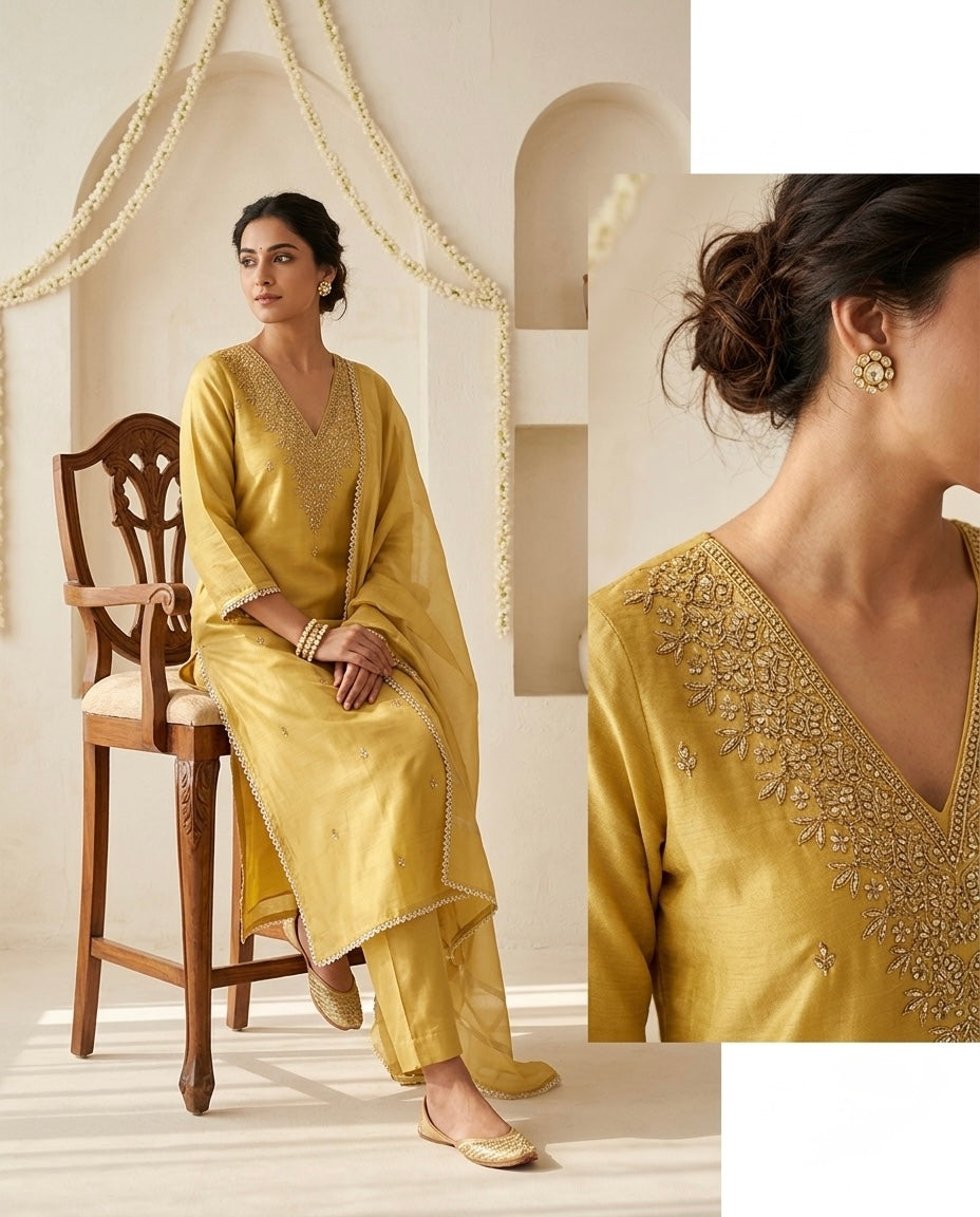 Banarasi Tissue Silk Unstitched Suit Material with Handcrafted Gota Patti & Thresd Work