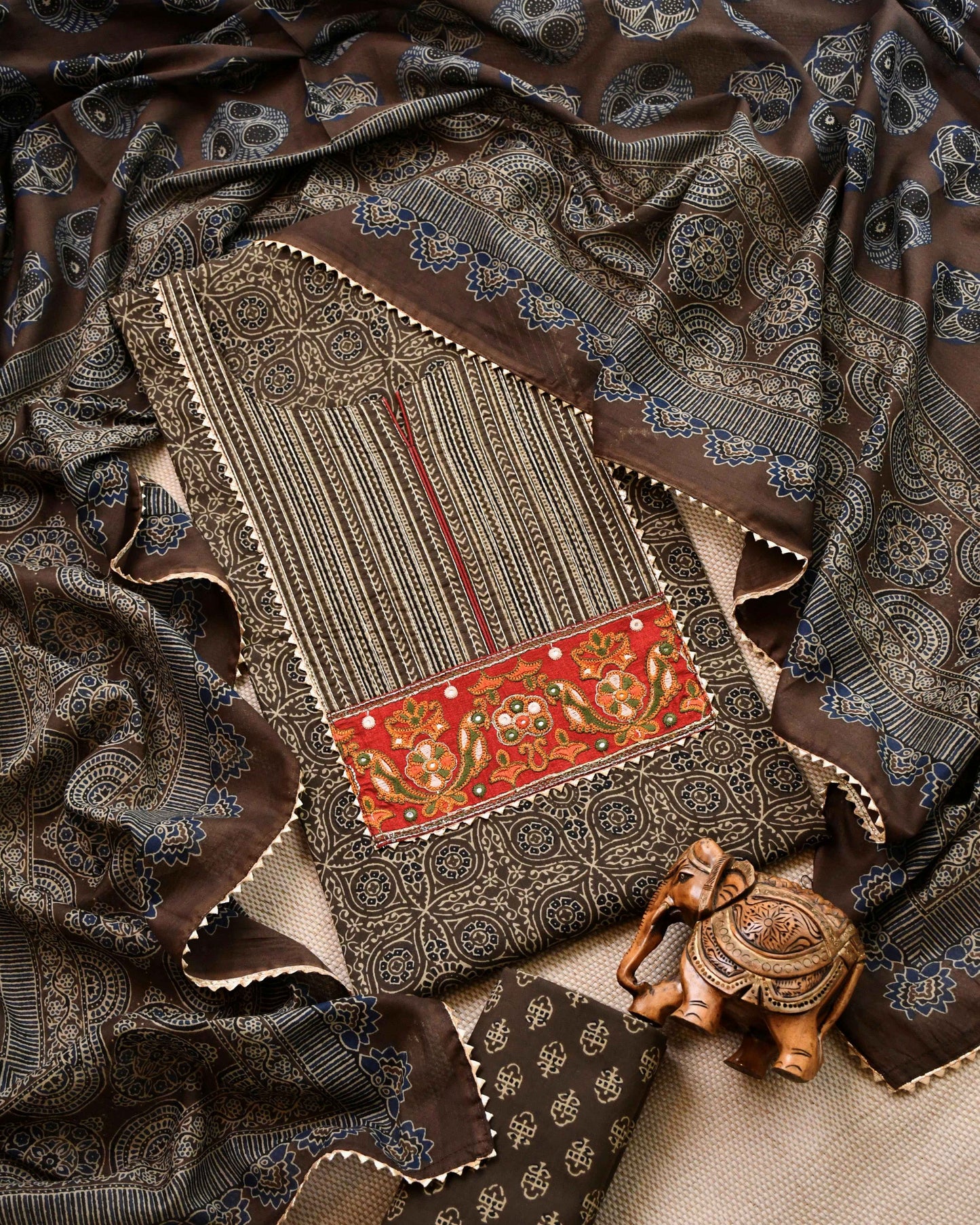 Earthy Elegance: Hand-Block Print Unstitched Cotton Suit with Embroidered Yoke