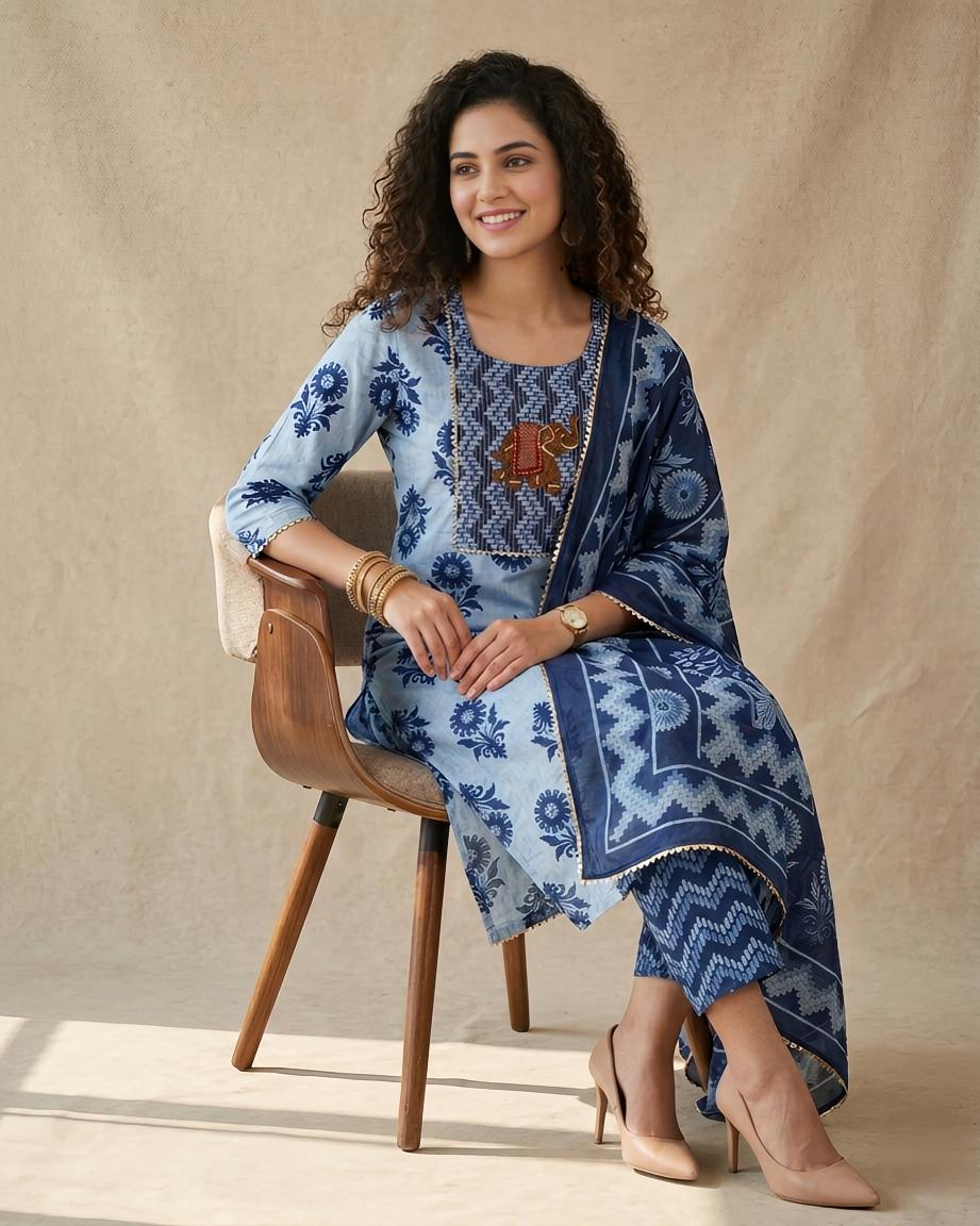 Artisanal Hand-Block Print Cotton Unstitched Suit Set with Embroidery