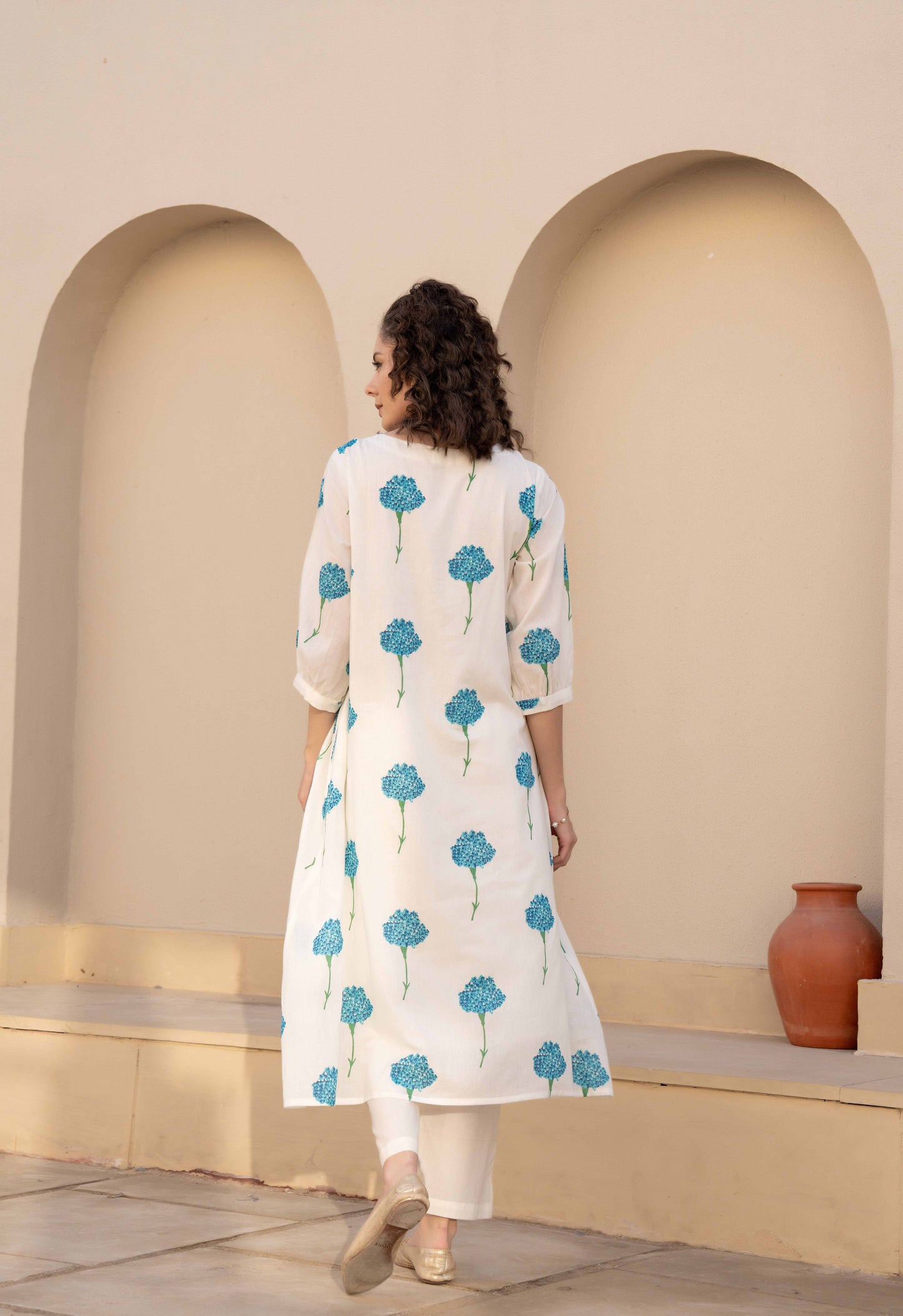Blue White Kurta With Pants- Set Of 2
