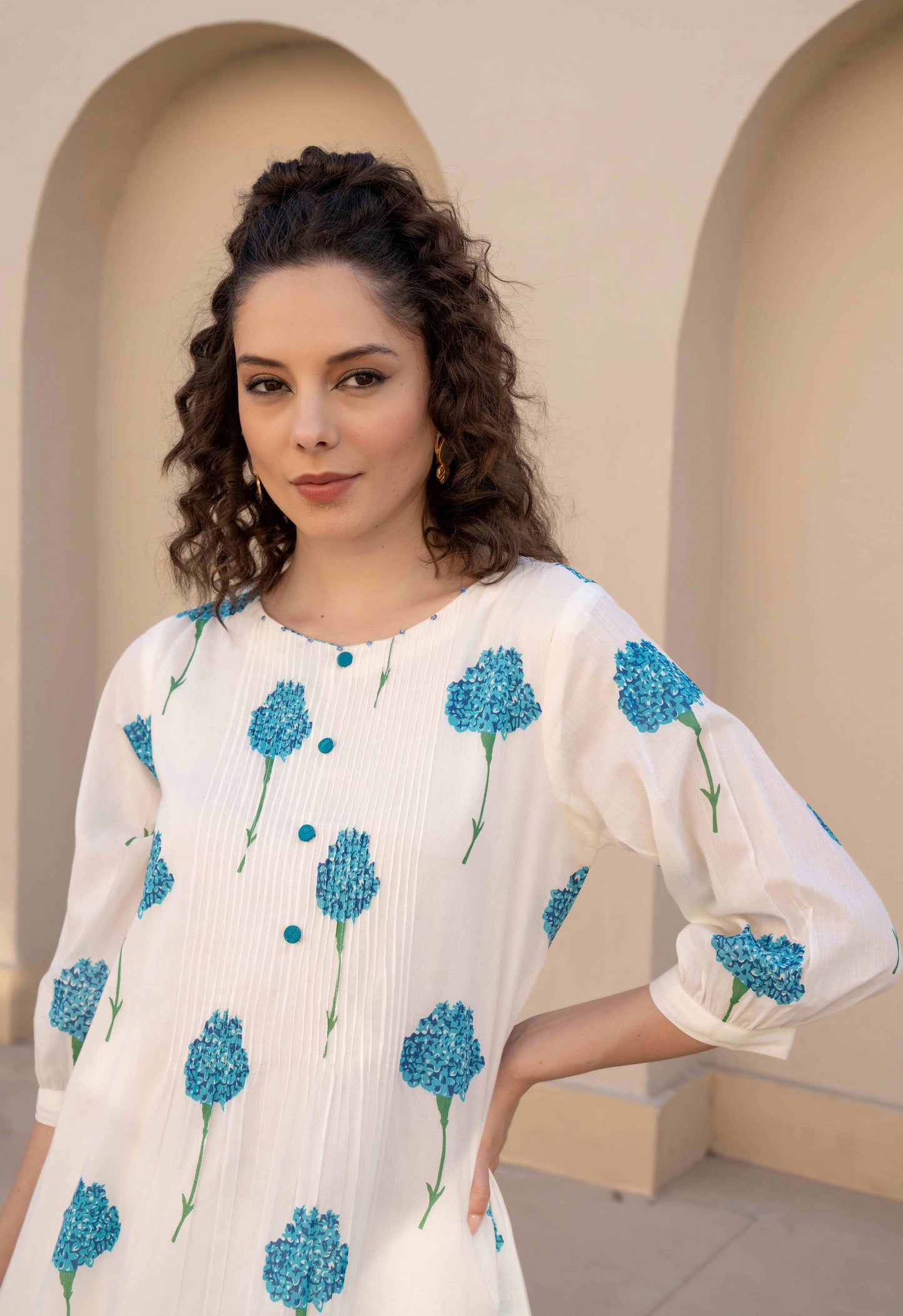 Blue White Kurta With Pants- Set Of 2