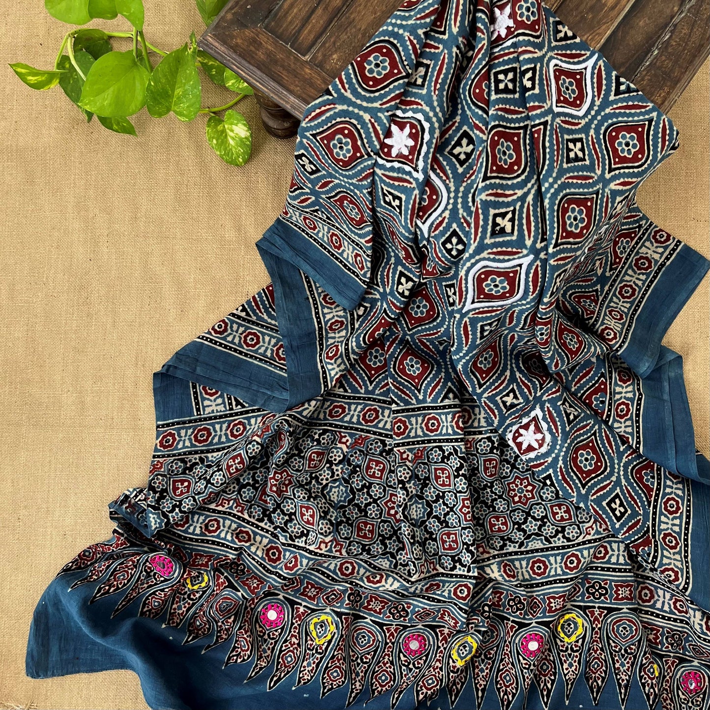 Ajrakh Hand Dyed Block Printed Embroidered Dupatta