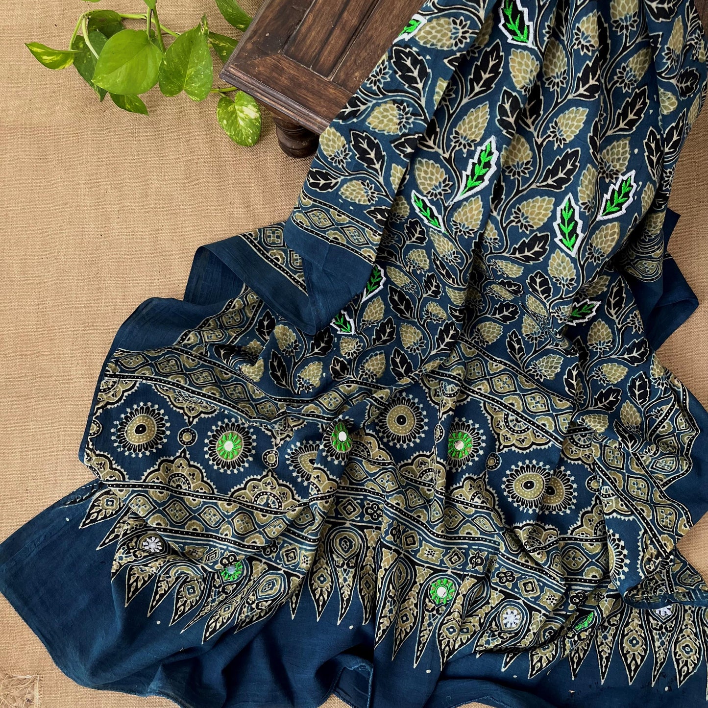 Ajrakh Hand Dyed Block Printed Embroidered Dupatta