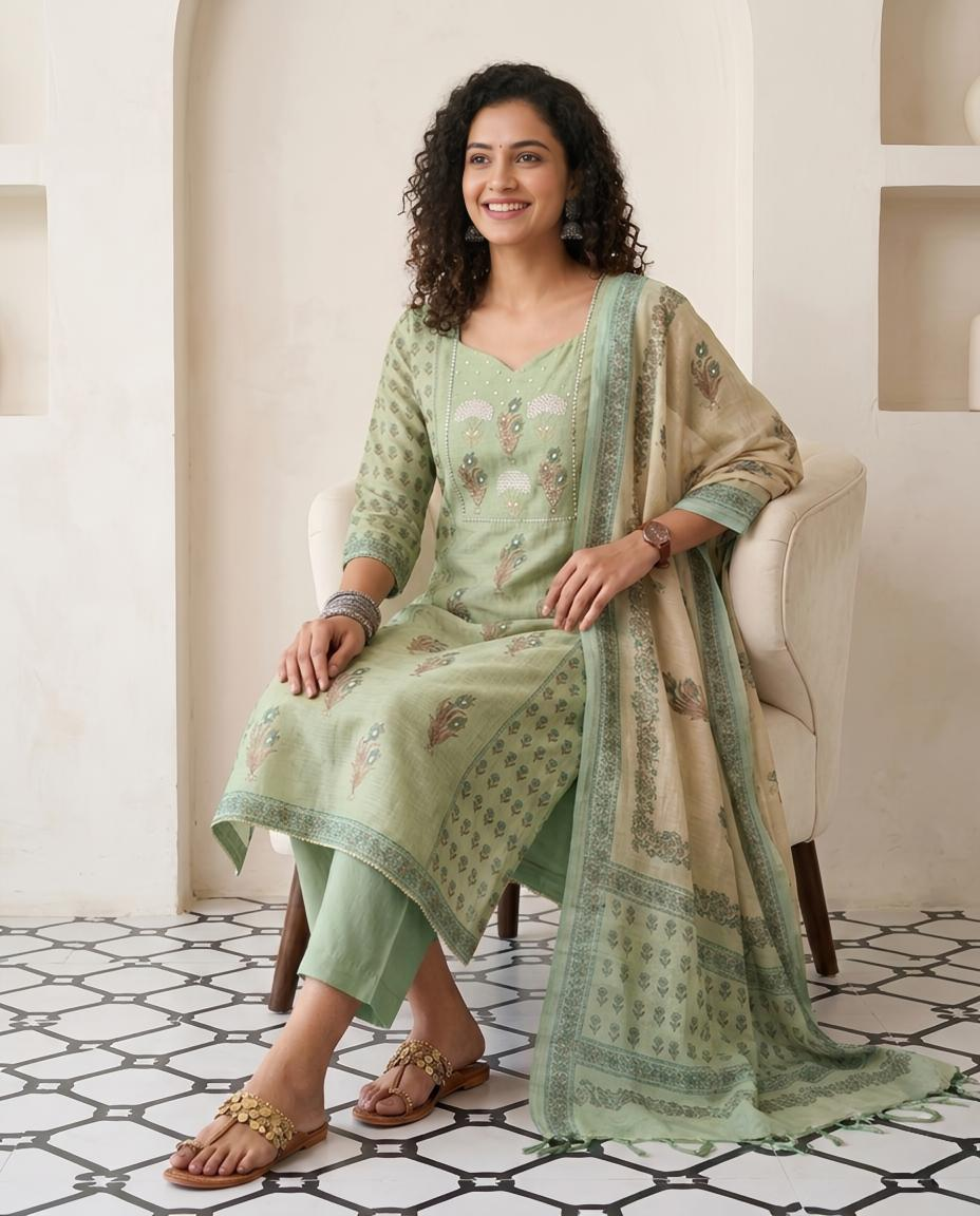 Premium Chanderi Silk Unstitched Suit Set with Elegant Mirror Work