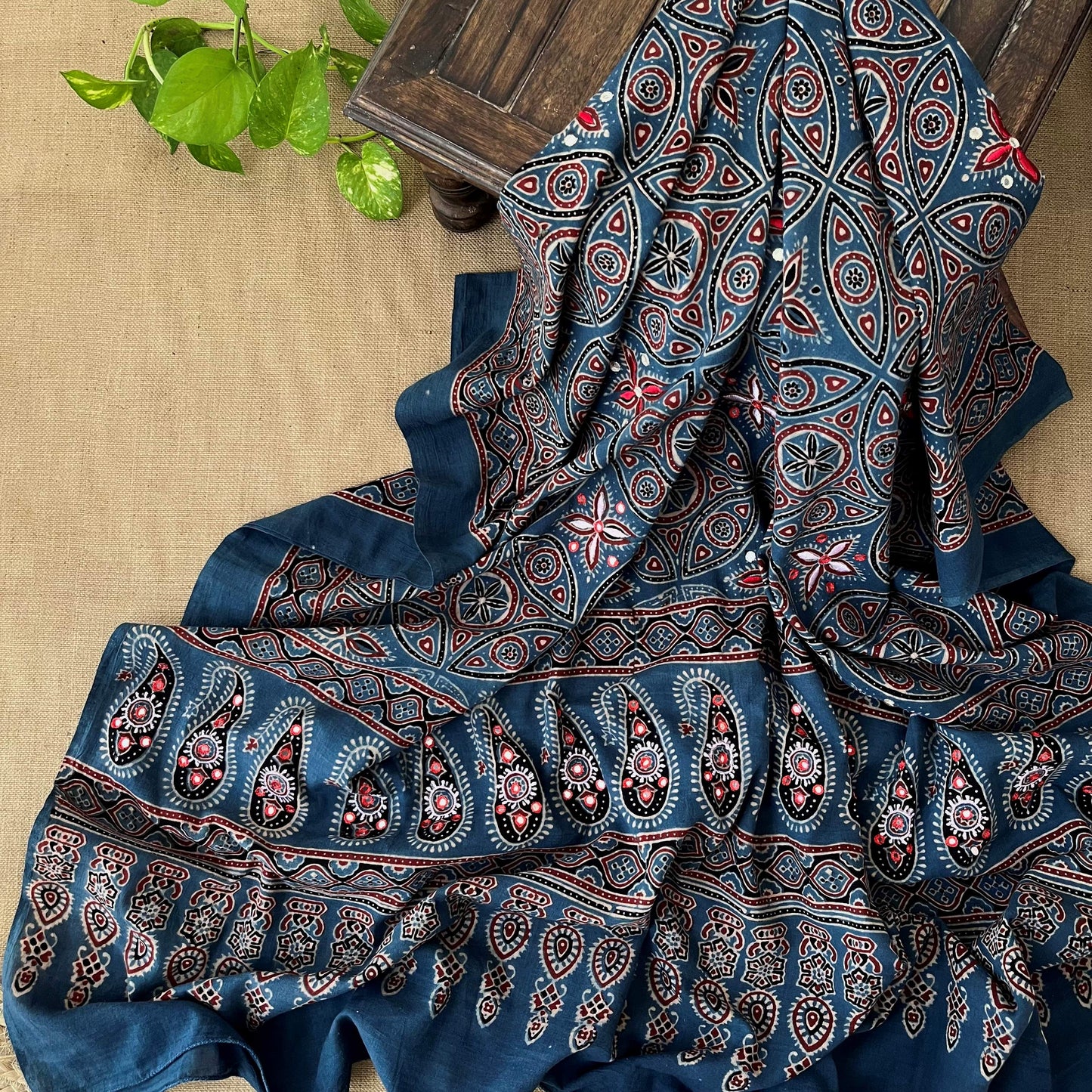 Ajrakh Hand Dyed Block Printed Embroidered Dupatta