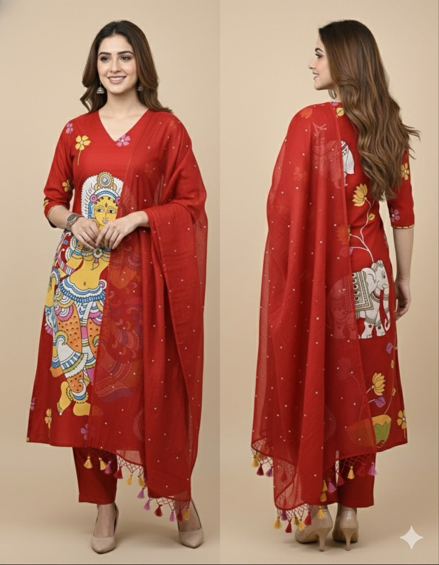 Kalamkari Maheshwari silk Unstitched Suit