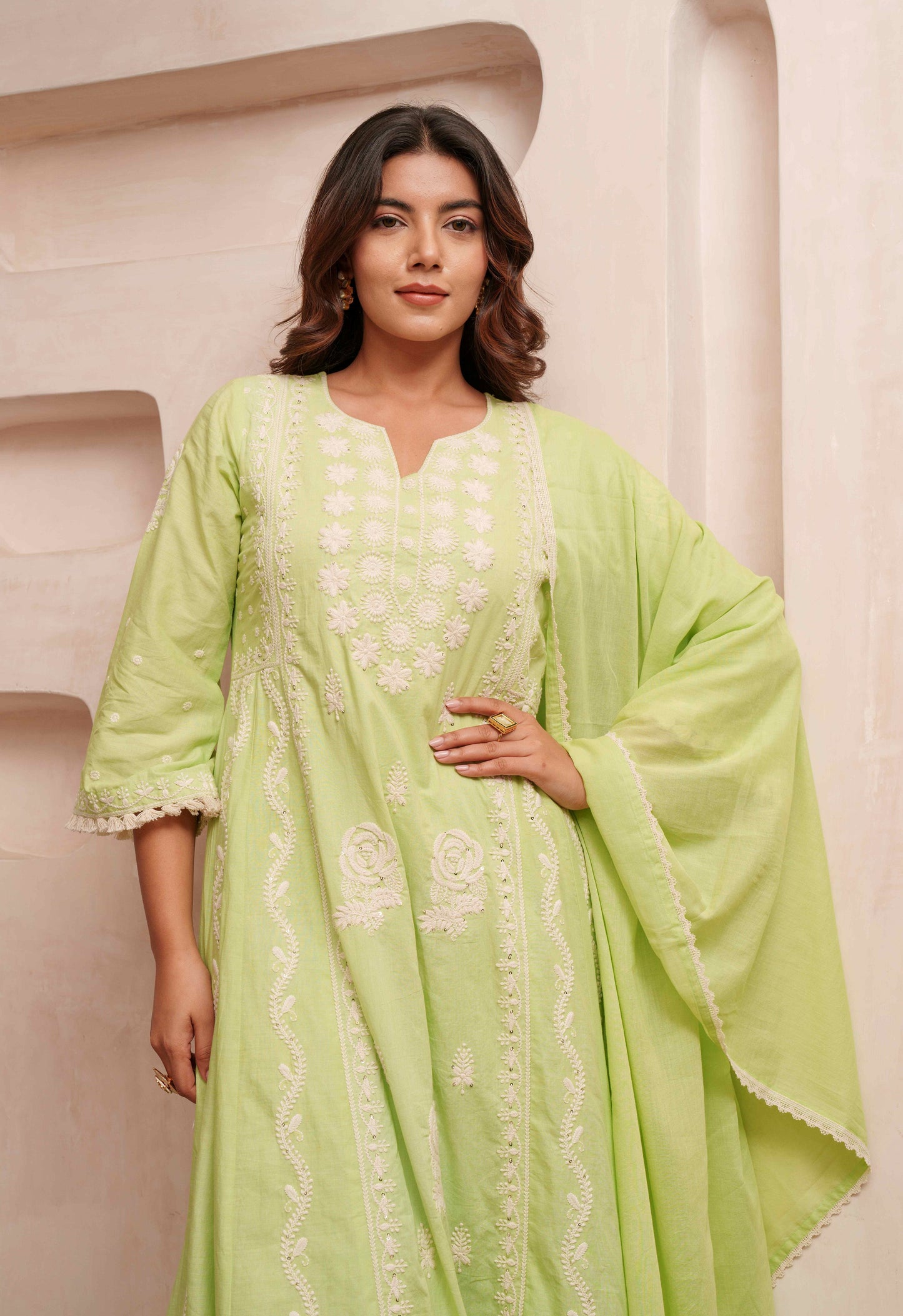 Chikankari Stitched Kurta Pants Suit Set With Dupatta - Set Of 3