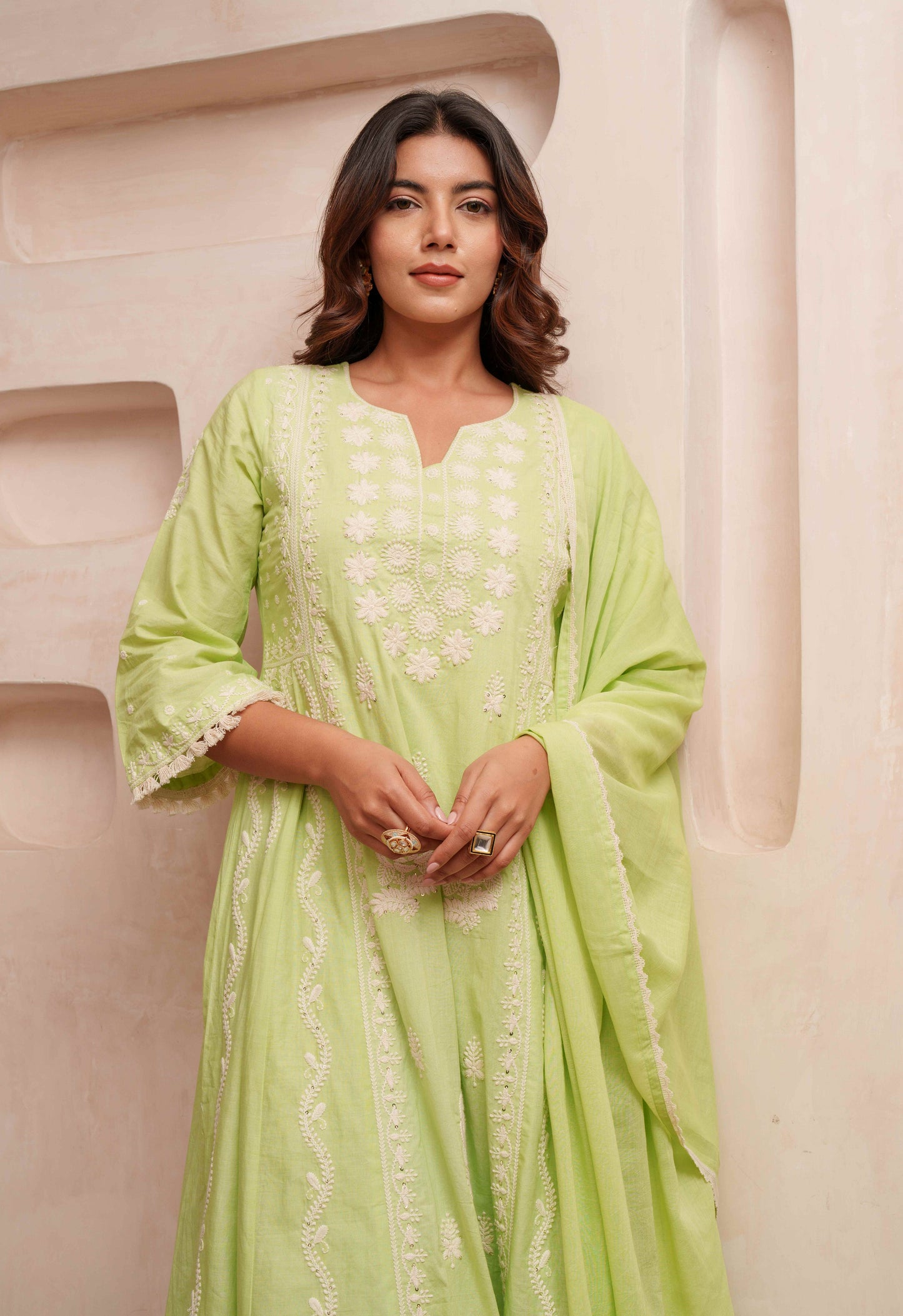 Chikankari Stitched Kurta Pants Suit Set With Dupatta - Set Of 3