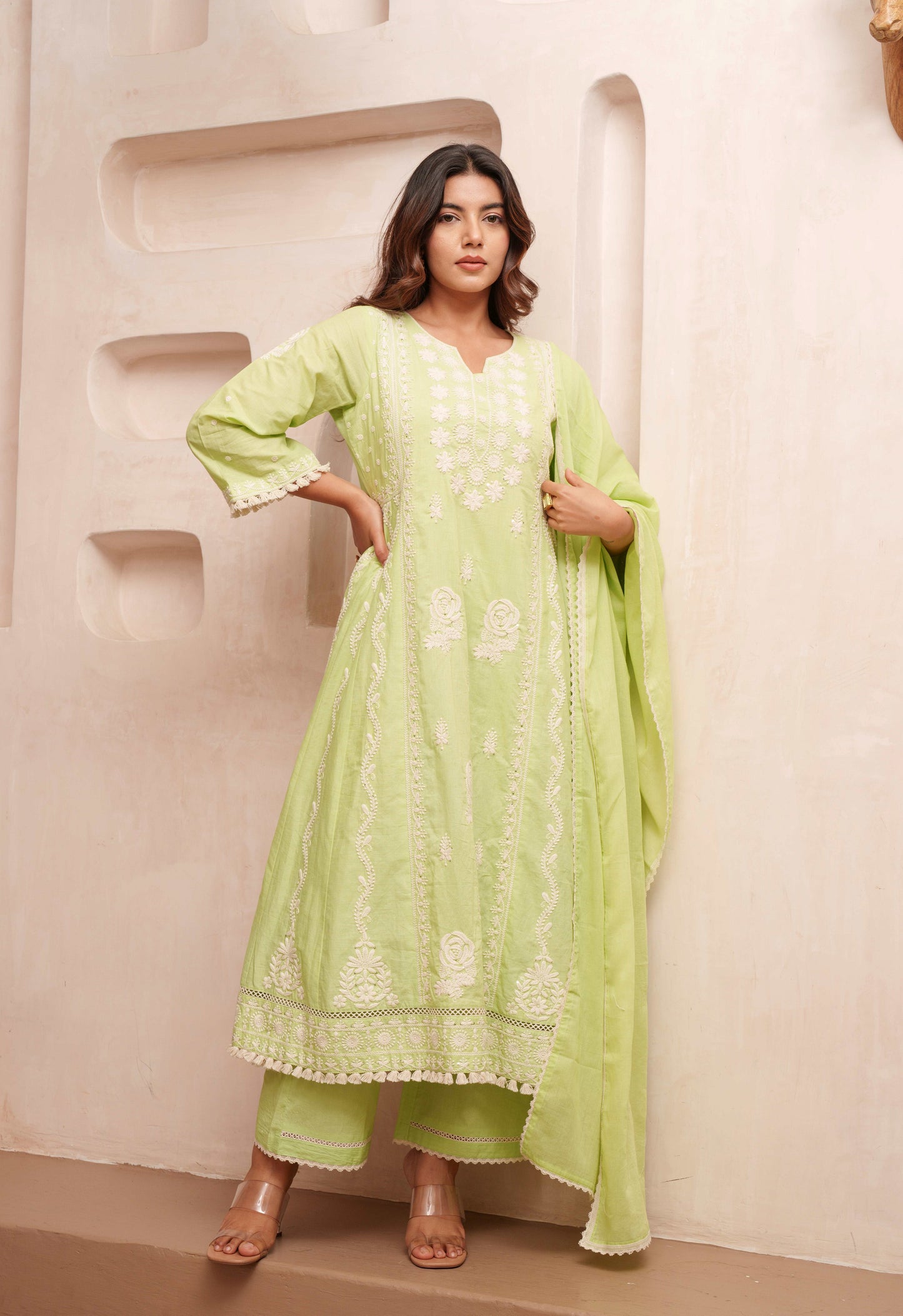 Chikankari Stitched Kurta Pants Suit Set With Dupatta - Set Of 3
