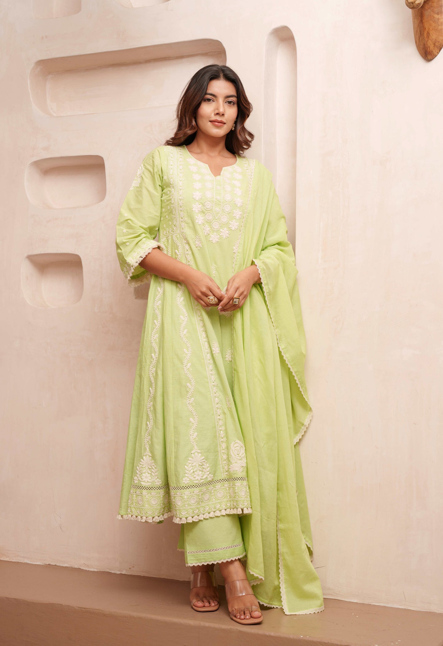 Chikankari Stitched Kurta Pants Suit Set With Dupatta - Set Of 3