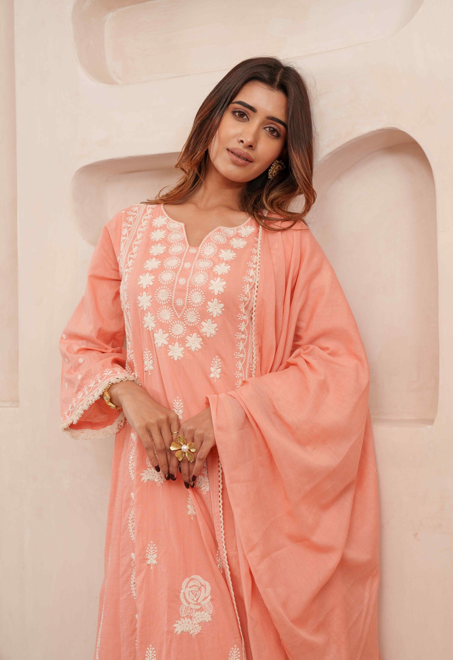 Chikankari Stitched Kurta Pants Suit Set With Dupatta - Set Of 3