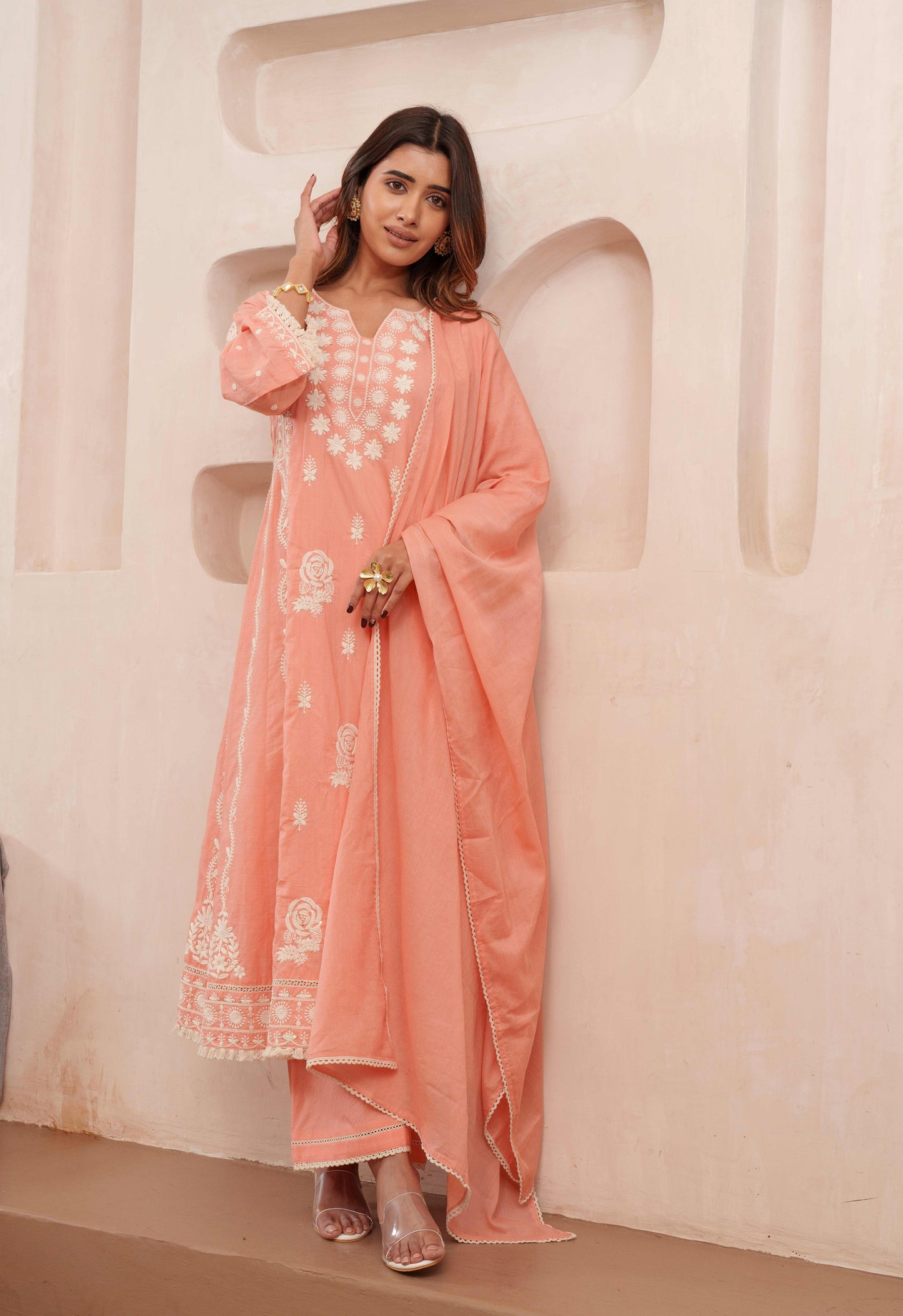 Chikankari Stitched Kurta Pants Suit Set With Dupatta - Set Of 3