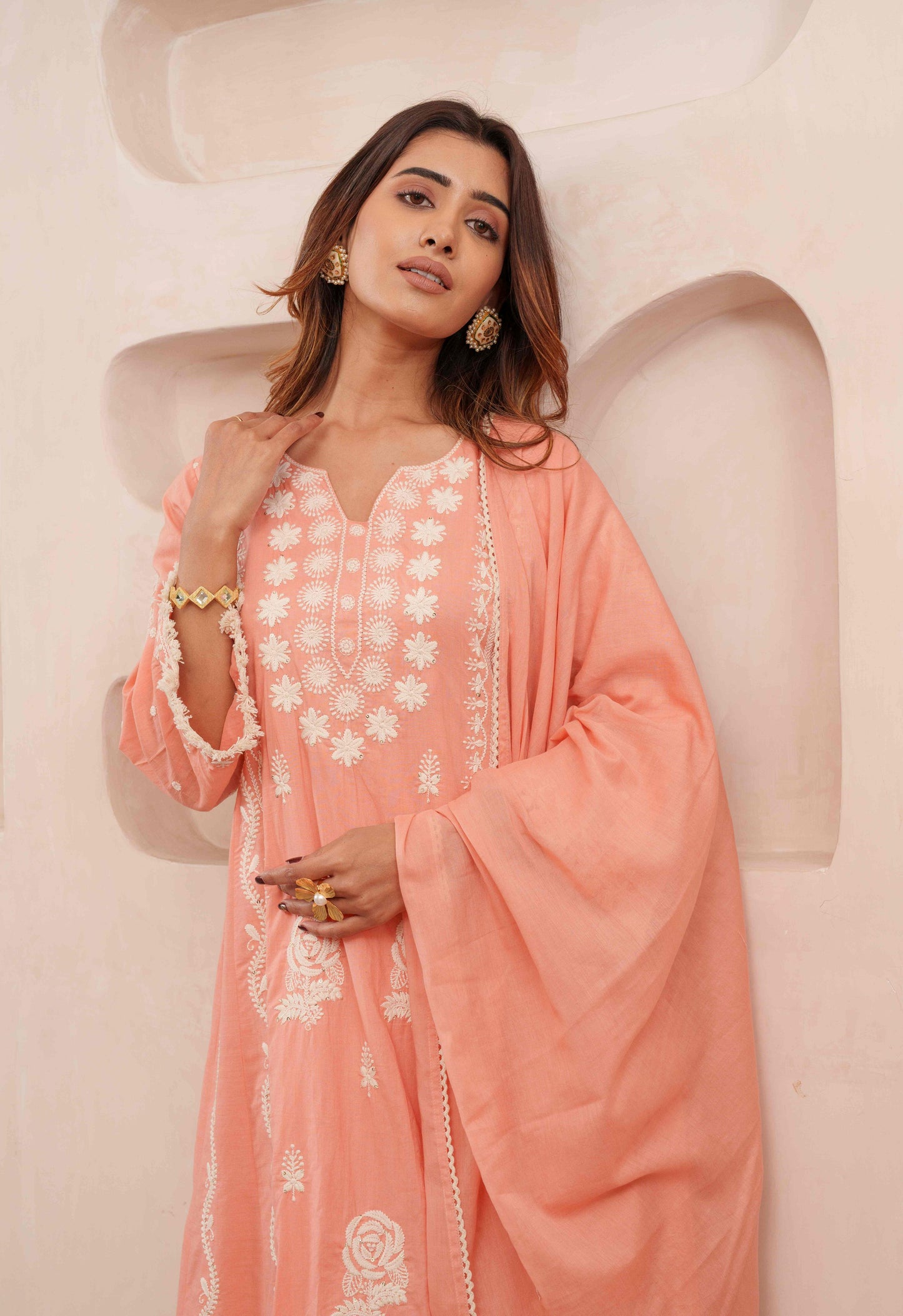 Chikankari Stitched Kurta Pants Suit Set With Dupatta - Set Of 3