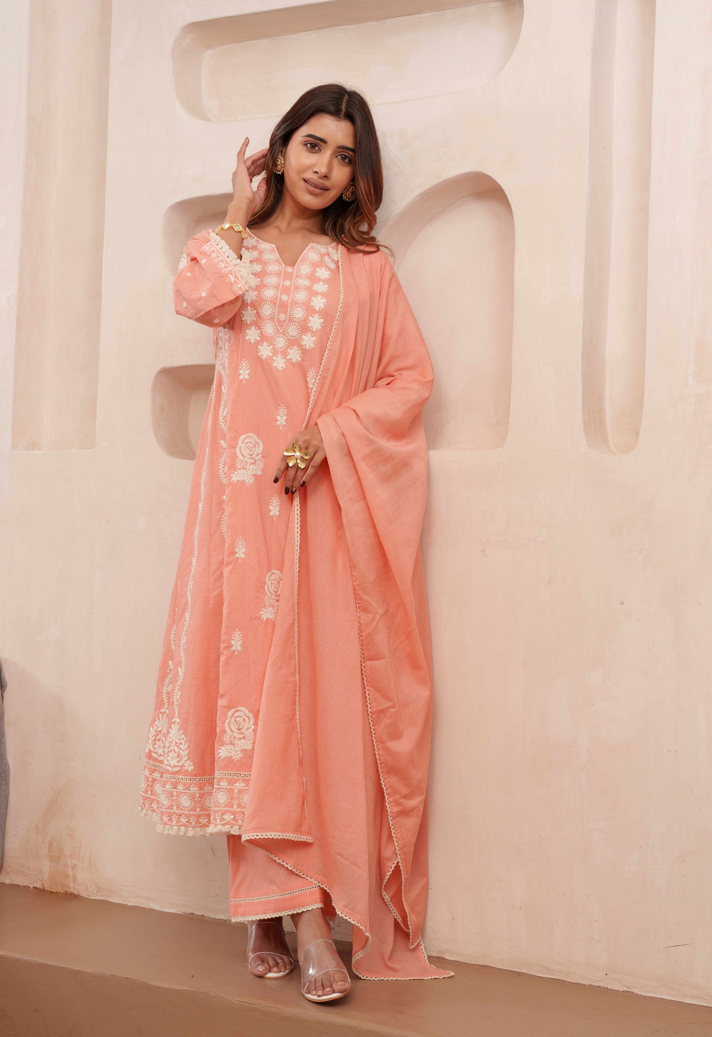 Chikankari Stitched Kurta Pants Suit Set With Dupatta - Set Of 3