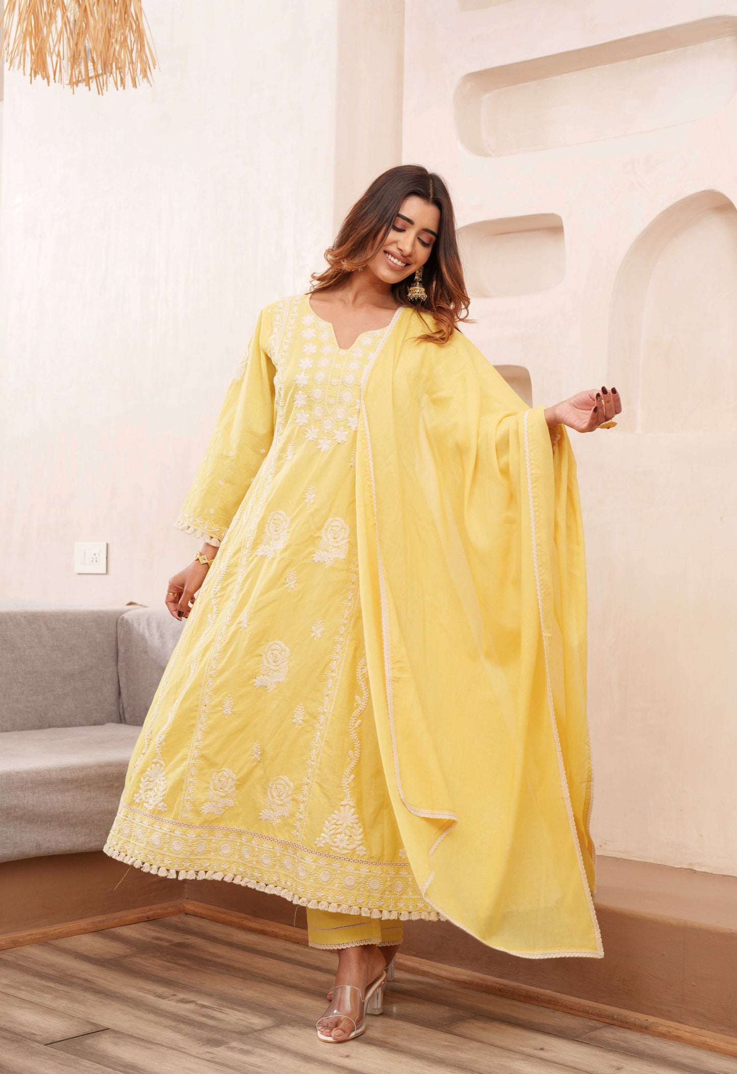 Chikankari Stitched Kurta Pants Suit Set With Dupatta - Set Of 3