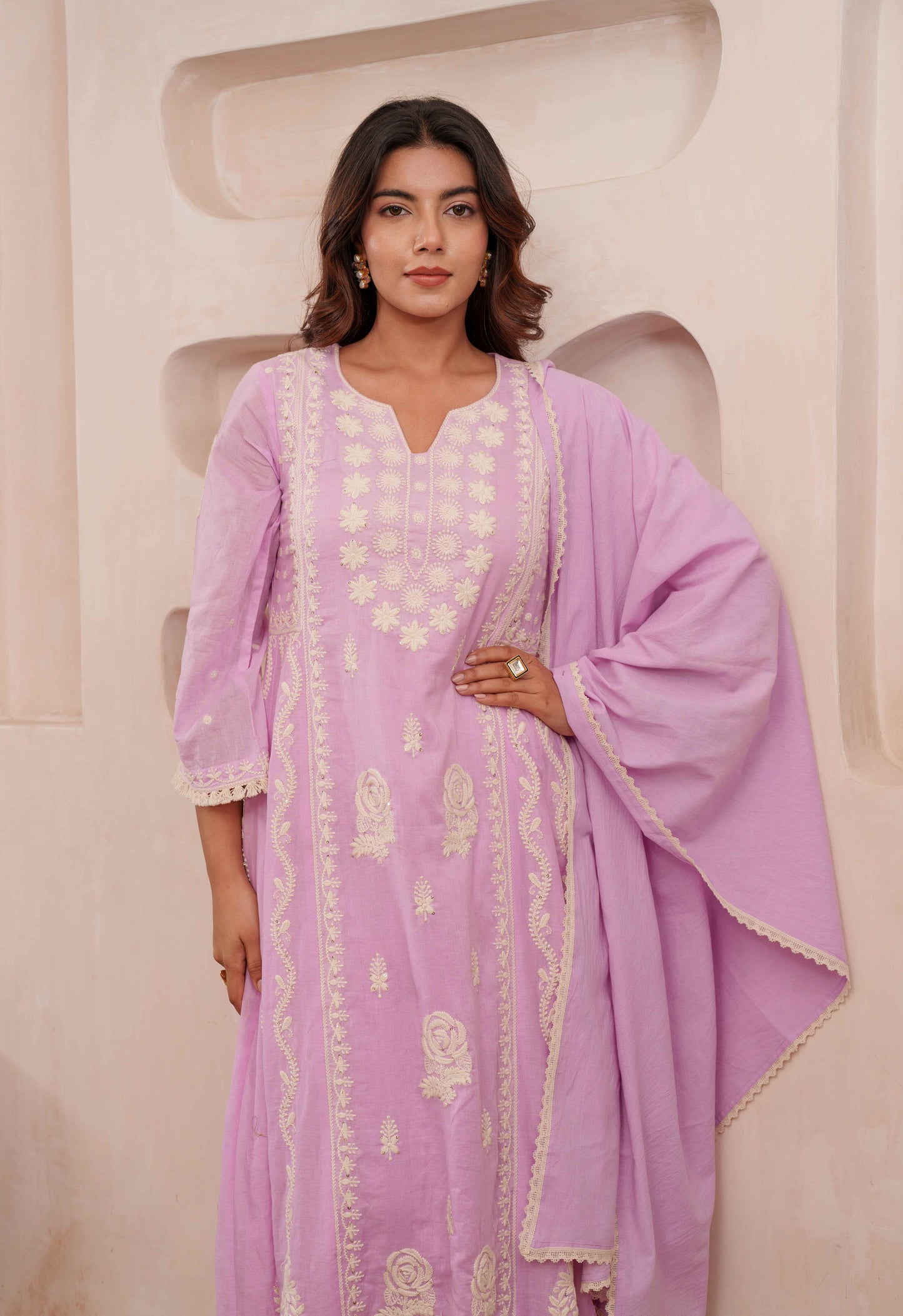 Chikankari Stitched Kurta Pants Suit Set With Dupatta - Set Of 3