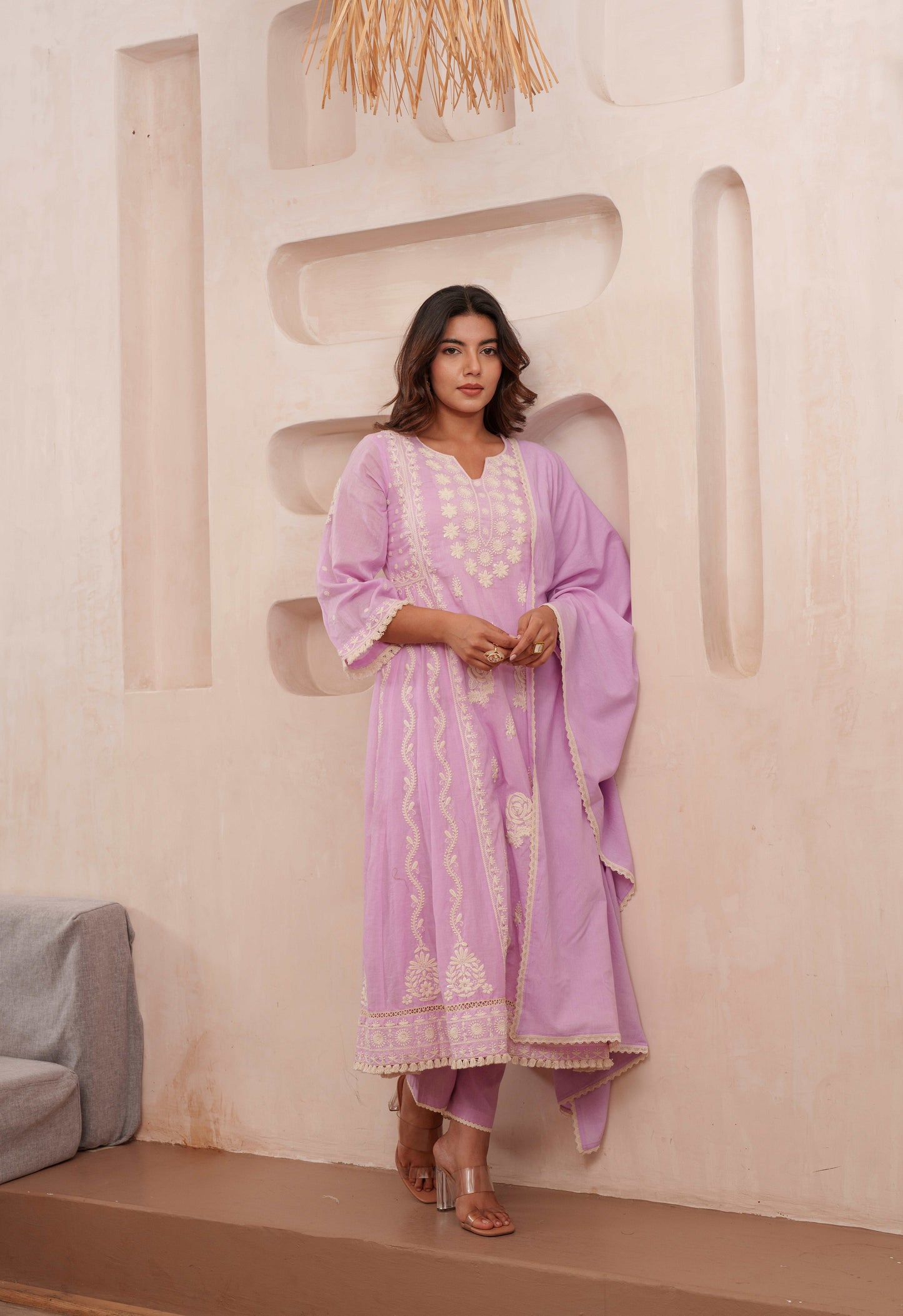 Chikankari Stitched Kurta Pants Suit Set With Dupatta - Set Of 3