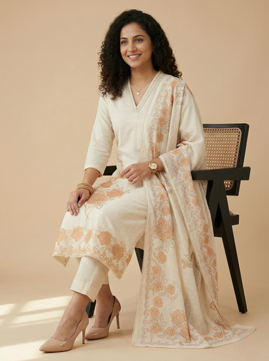 Premium Linen Unstitched Suit Set with Exquisite Applique Floral Work