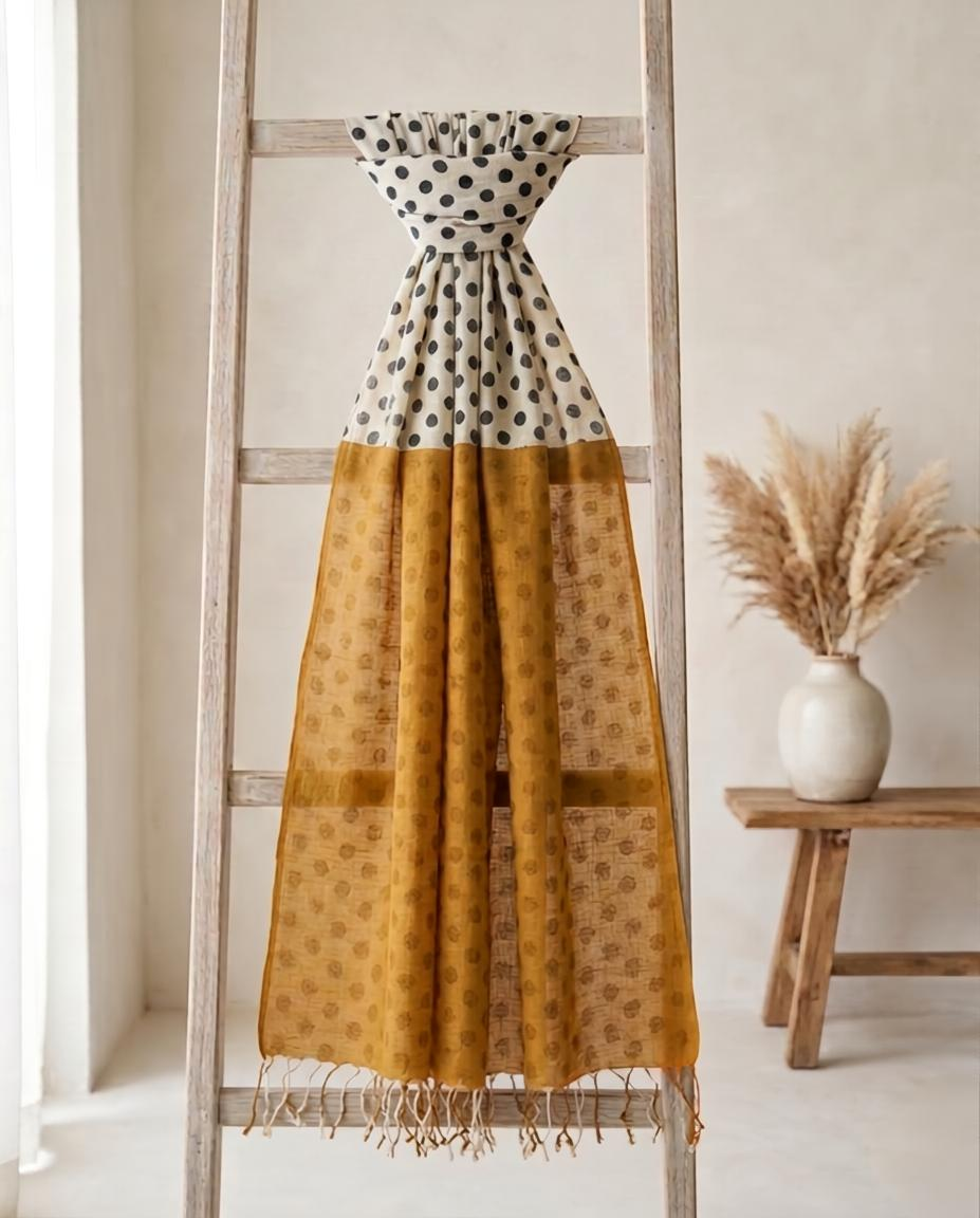 Hand-Block Mustard & Cream Linen Stole – Dual-Tone Polka Dot Summer Stole with Tassels