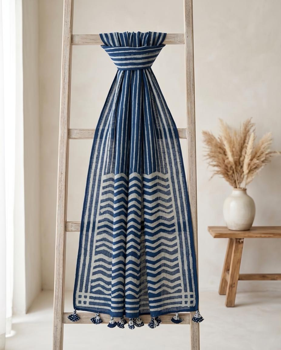 Indigo Blue Hand Block Printed Cotton Stole - Artisan Dabu Print Scarf with Tassels