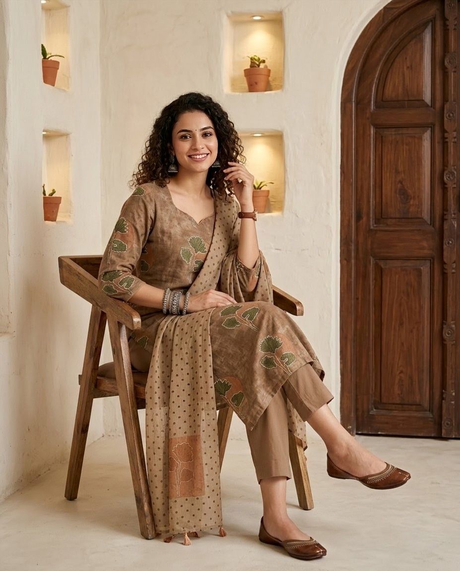 Banarasi Mul Chanderi Unstitched Suit Set with Fine Aari Embroidery & Polka Dupatta