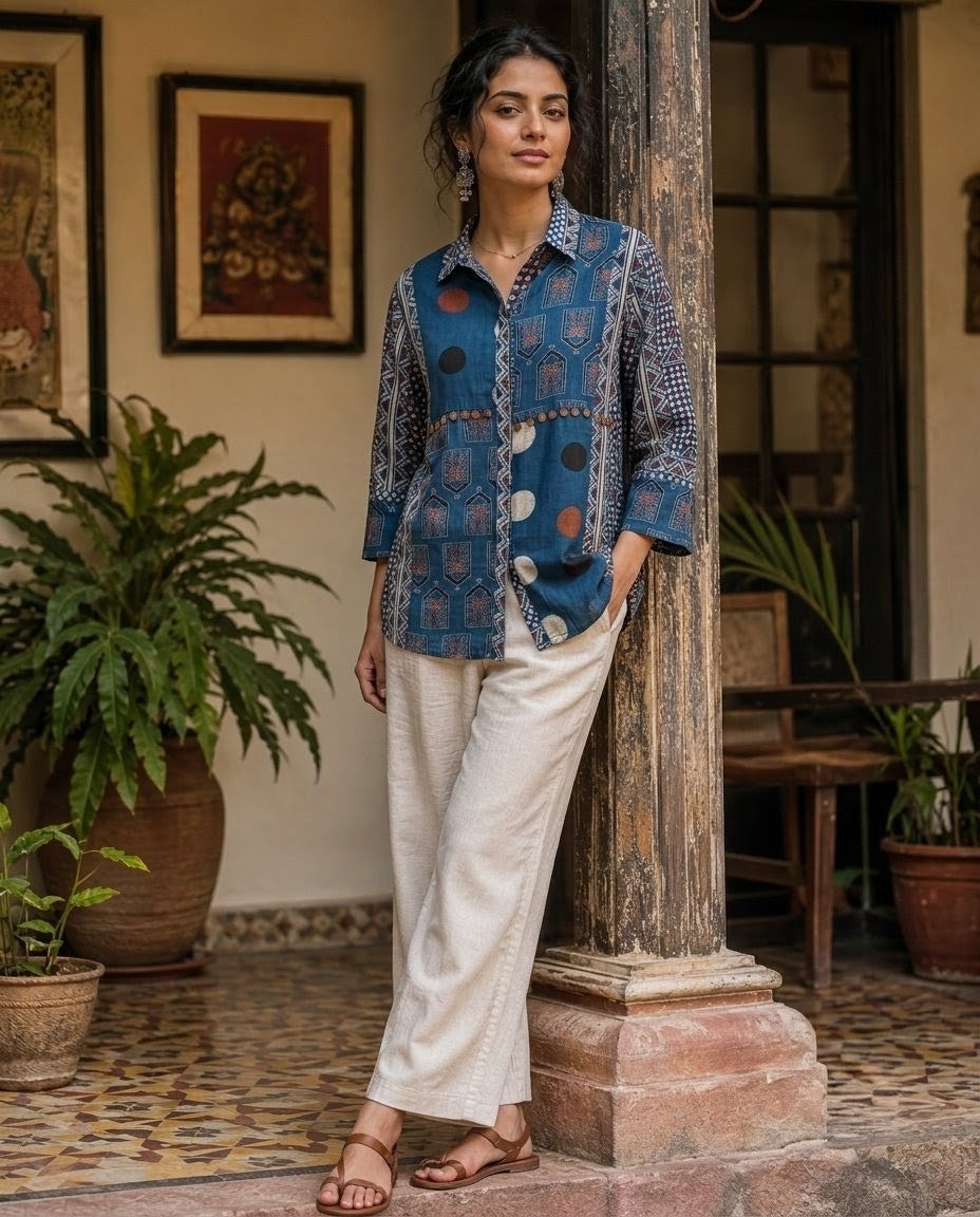 Relaxed Anti Fit Indigo Ajrakh Print Modal Silk Shirt