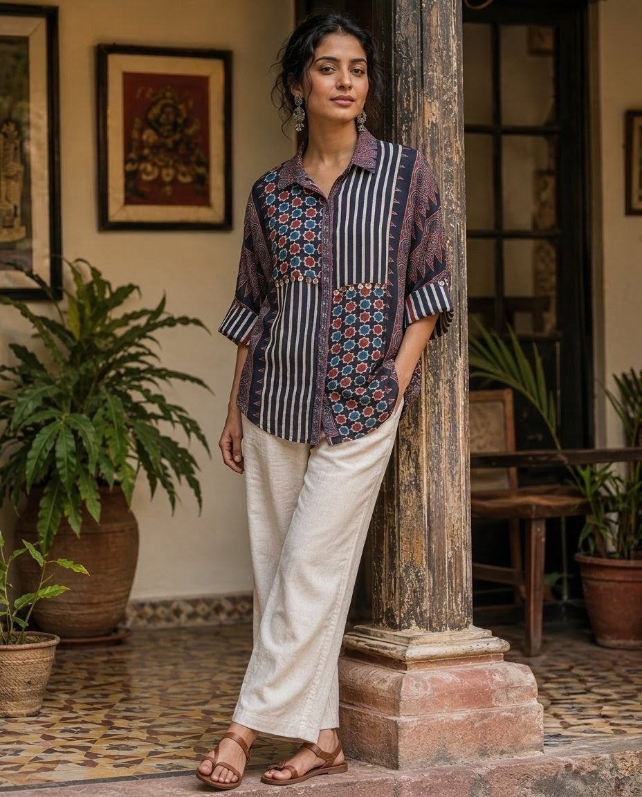 Relaxed Anti Fit Ajrakh Patchwork Print Modal Silk Collared Shirt