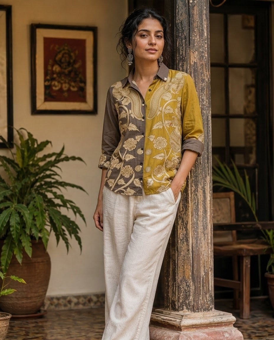 Relaxed Anti Fit Kalamkari Print Modal Silk Shirt