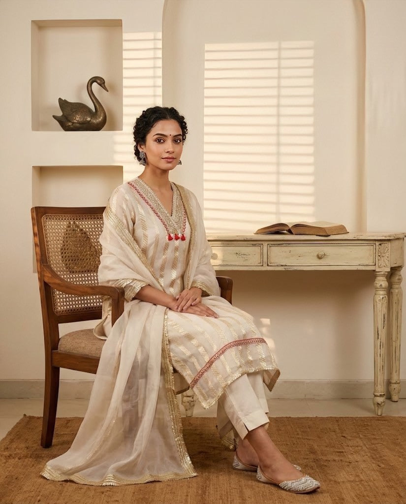 Banarasi Organza Zari Striped Unstitched Suit Set with Embellished V-Neck