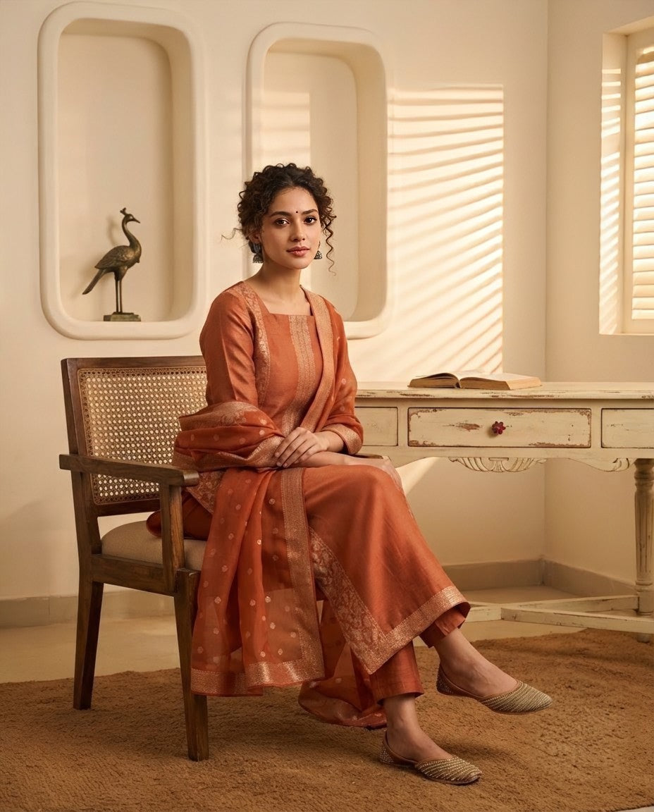 Handloom Tanchoi silk Unstitched Suit Material with Fine Zari Weaving