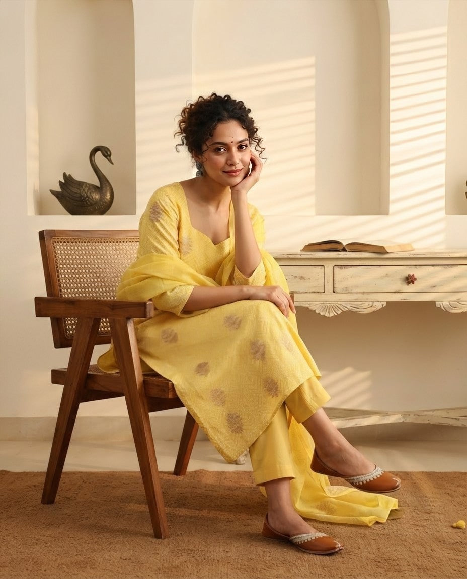 Banarasi Chanderi Silk Unstitched Suit Set with Embroidered Kurta & Dupatta