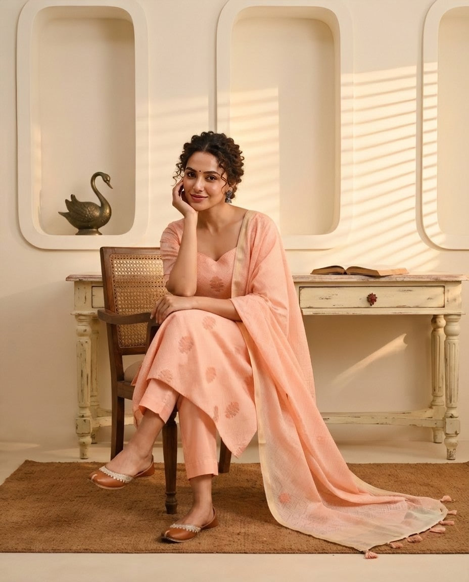 Banarasi Chanderi Silk Unstitched Suit Set with Embroidered Kurta & Dupatta