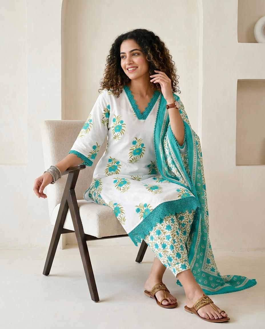 Hand-Block Premium Cotton Unstitched Suit Set with Intricate