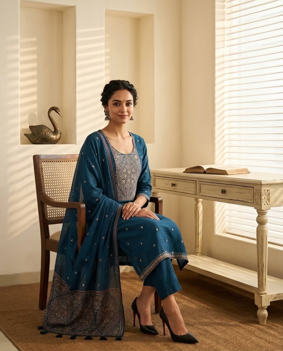 Handloom Chanderi Silk Unstitched Suit Set with Jamawar Weave Neckline & Dupatta