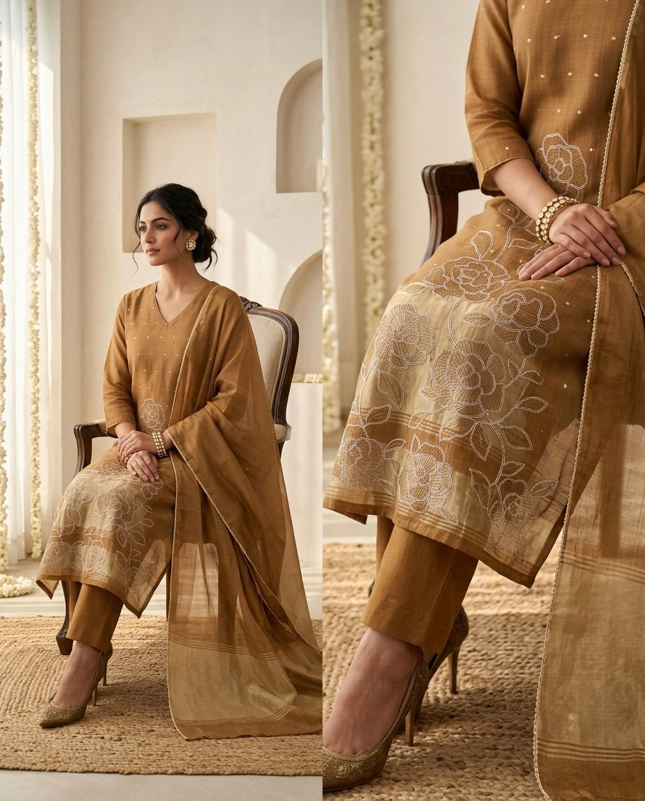 Handloom Banarasi Silk Unstitched Suit with Cut-Work Floral Embroidery