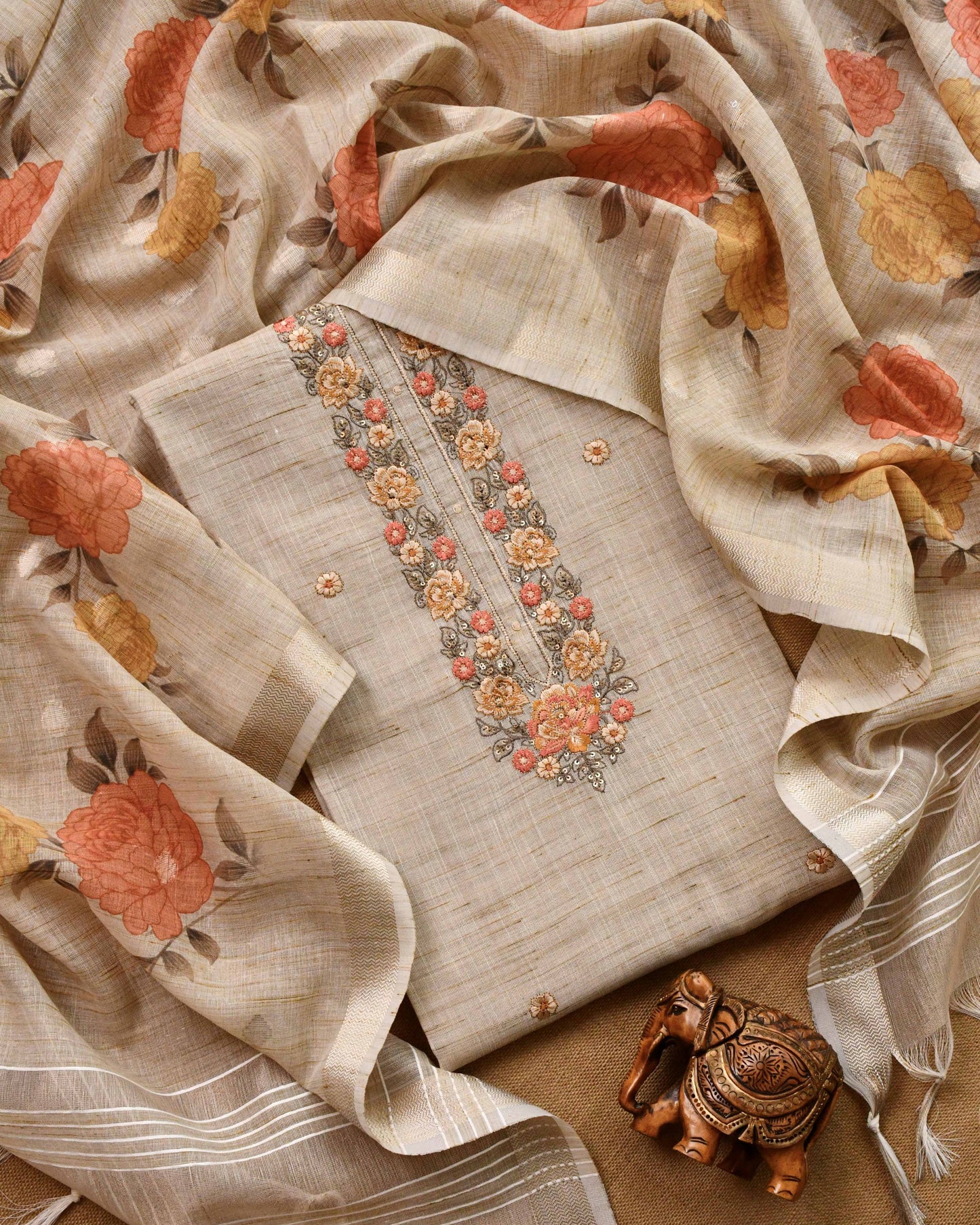 Khadi Linen Unstitched Suit with Hand-Embroidered Floral Neckline & Digital Print Dupatta
