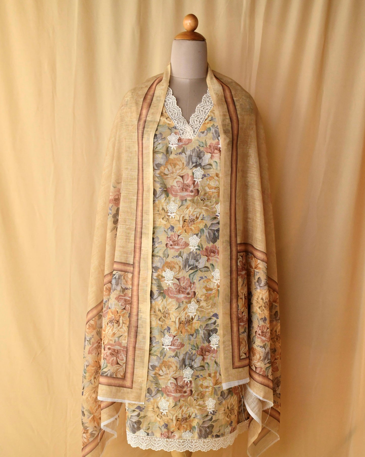 Linen Lace Work Unstitched suit
