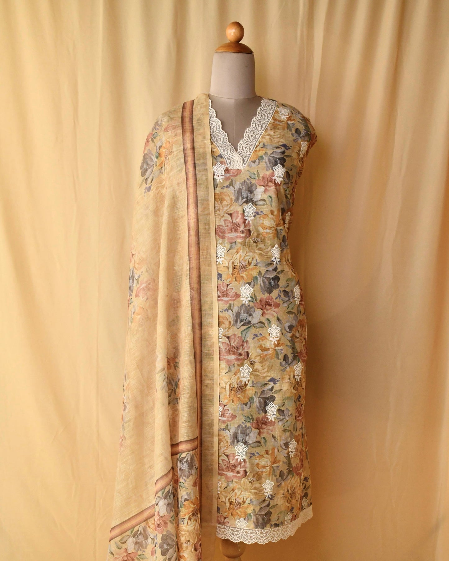 Linen Lace Work Unstitched suit