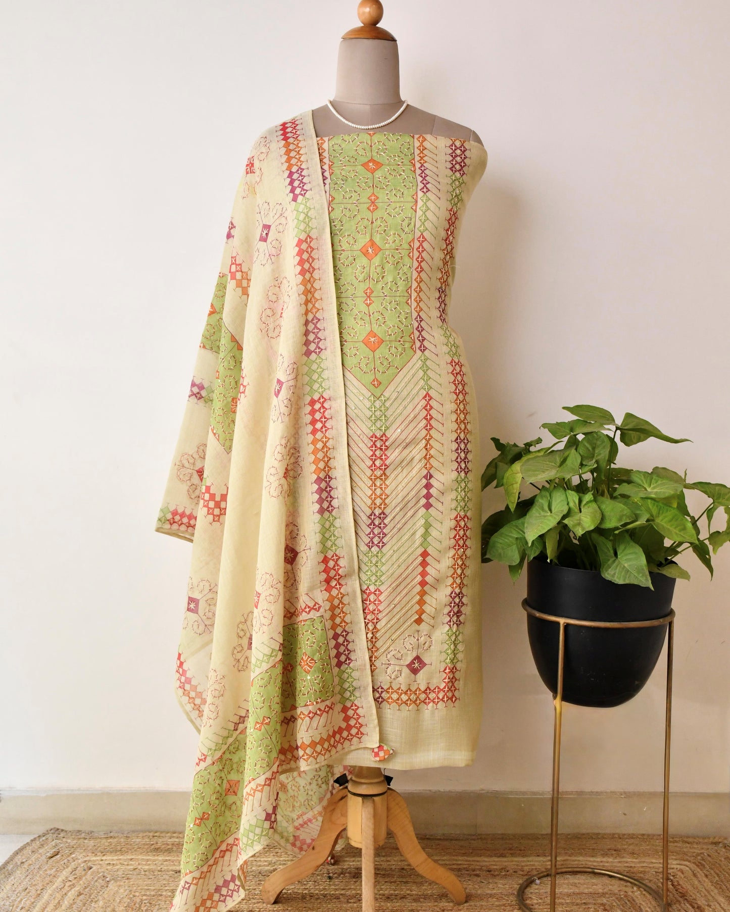 Premium Hand Kantha Embroidered Unstitched Linen Suit Set