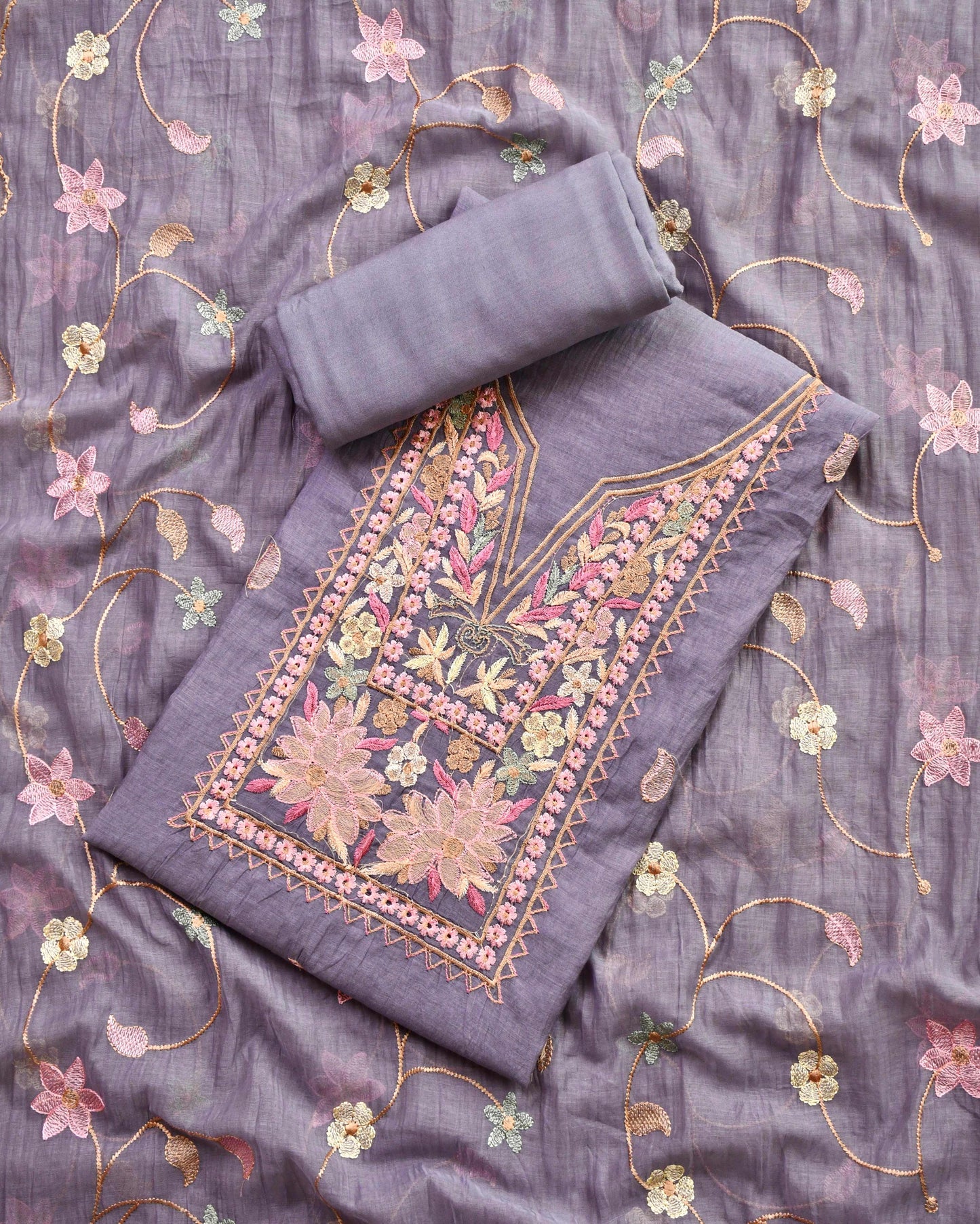 Pure Mul Chanderi Embroidered Unstitched Suit