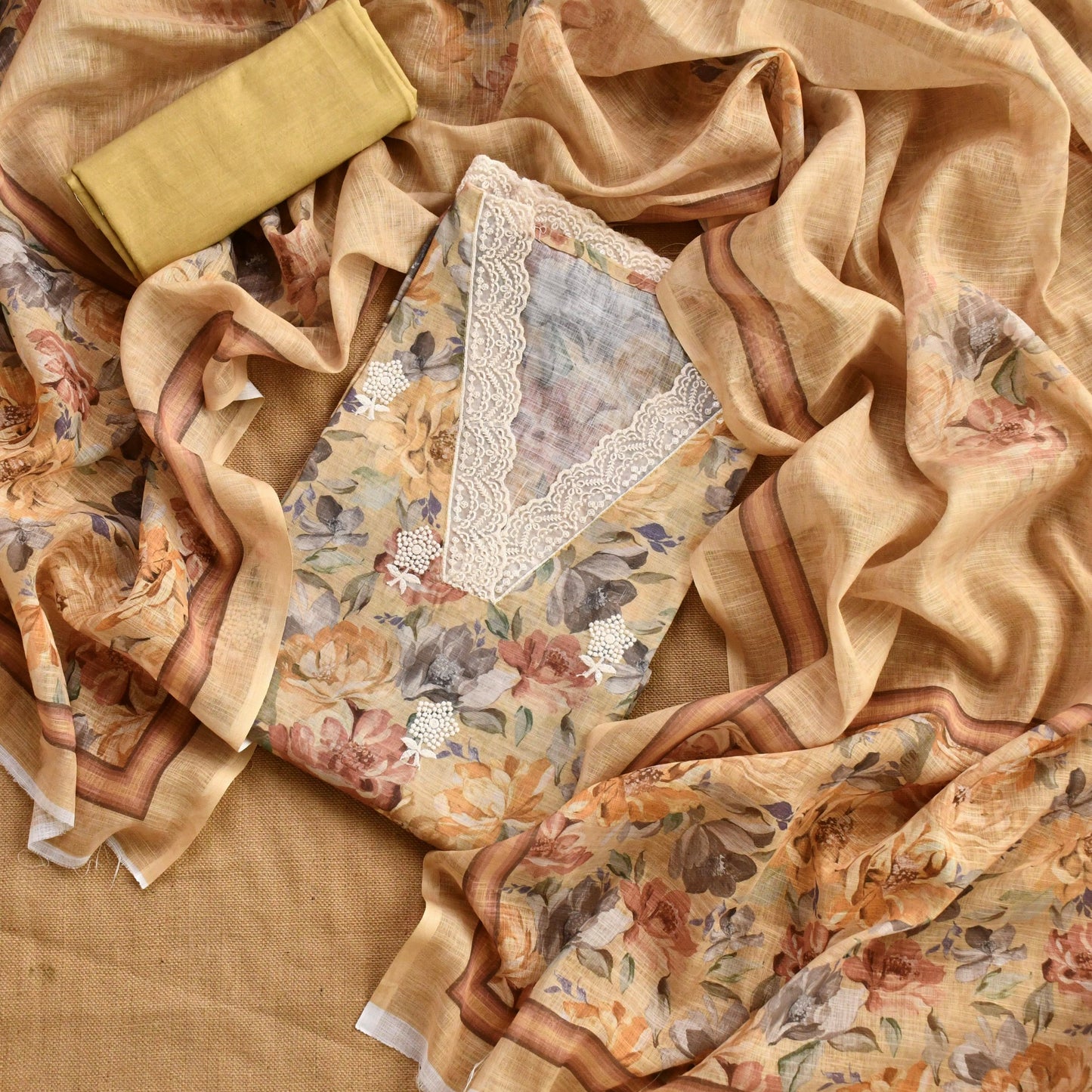 Linen Lace Work Unstitched suit