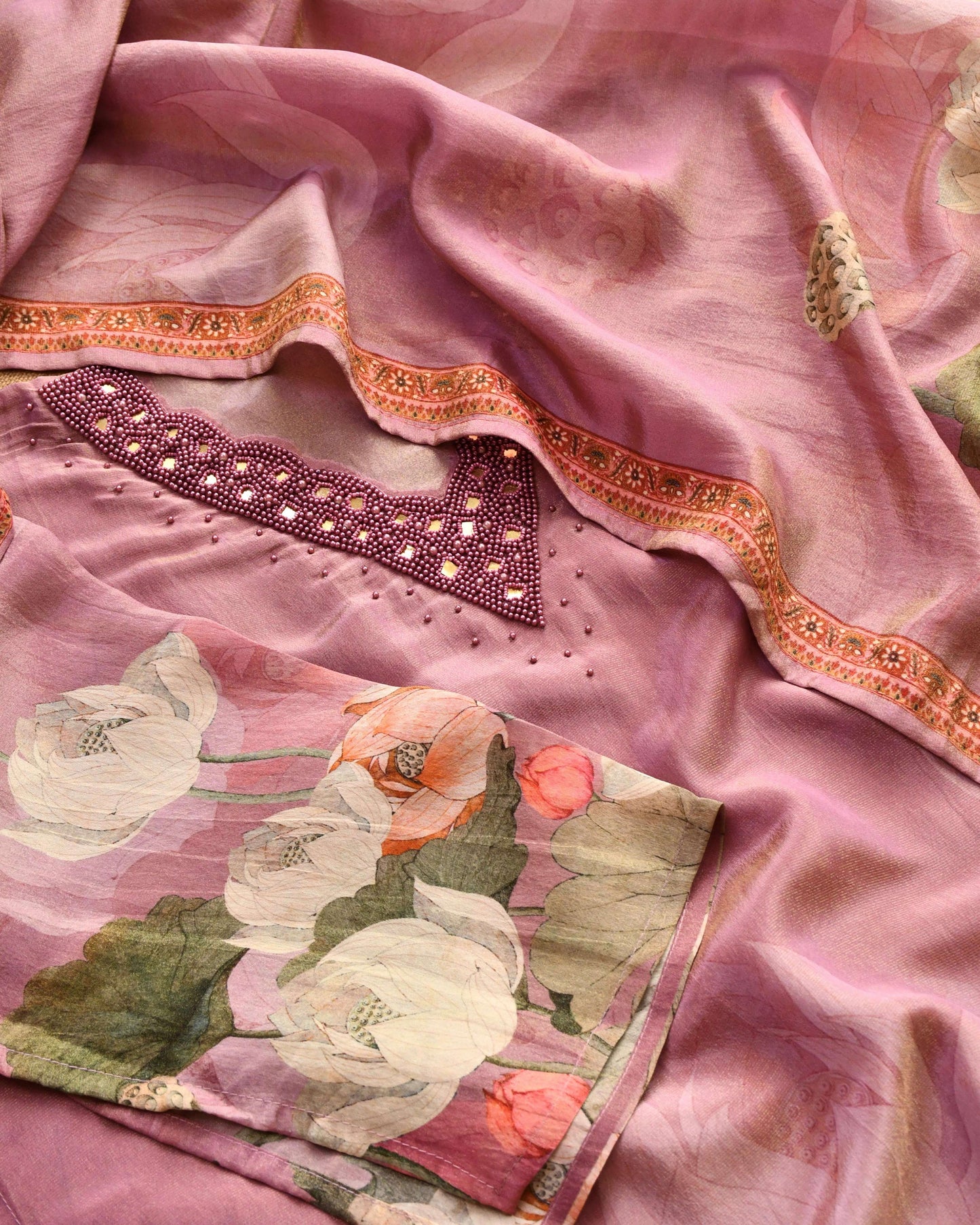 Hand Crafted Pearl Work Banarasi Tar Banas Suit Set