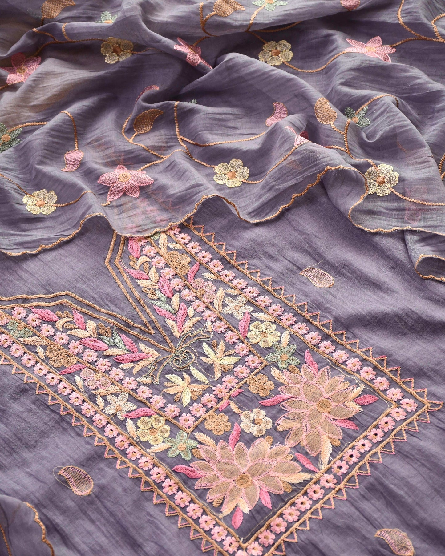 Pure Mul Chanderi Embroidered Unstitched Suit