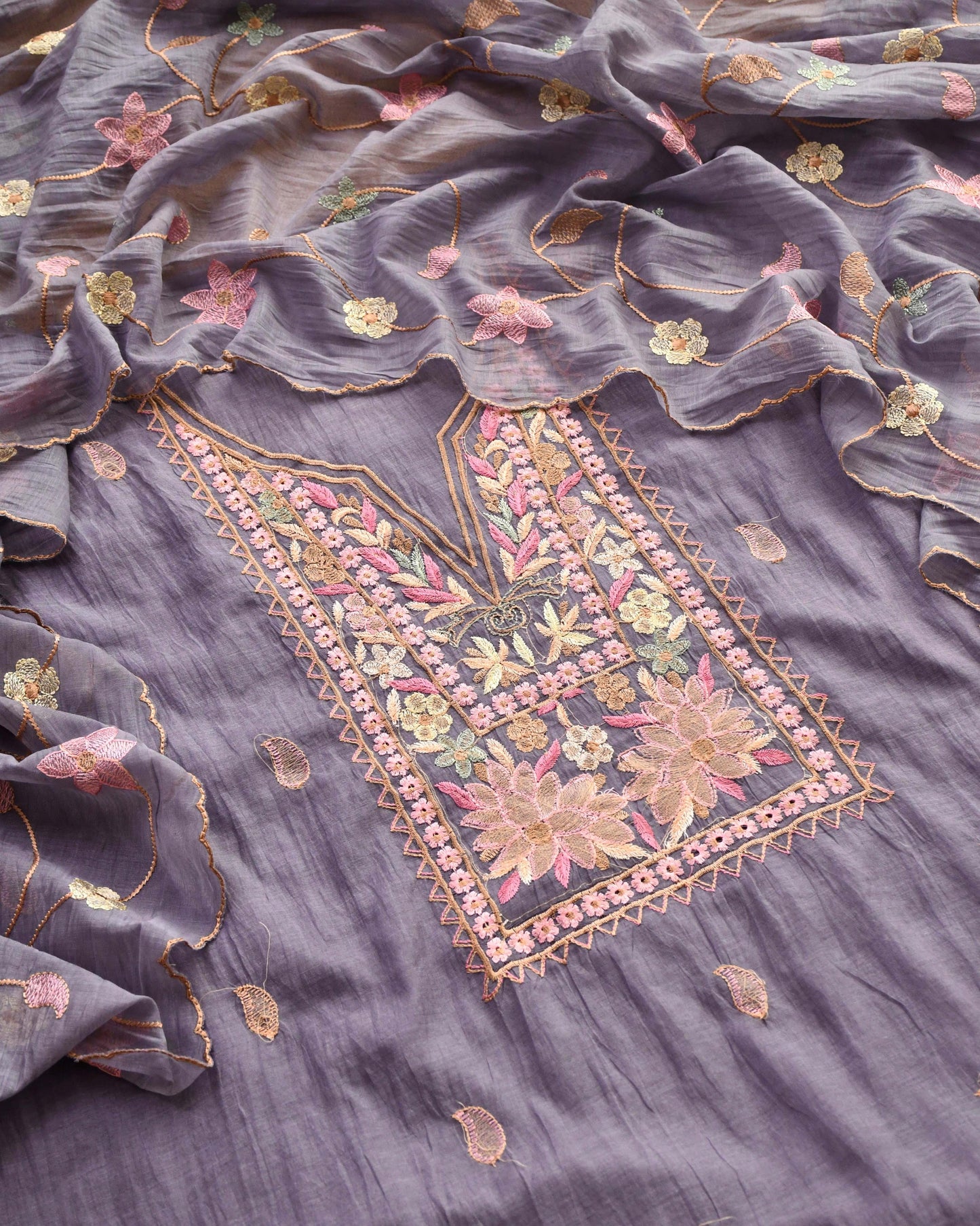 Pure Mul Chanderi Embroidered Unstitched Suit