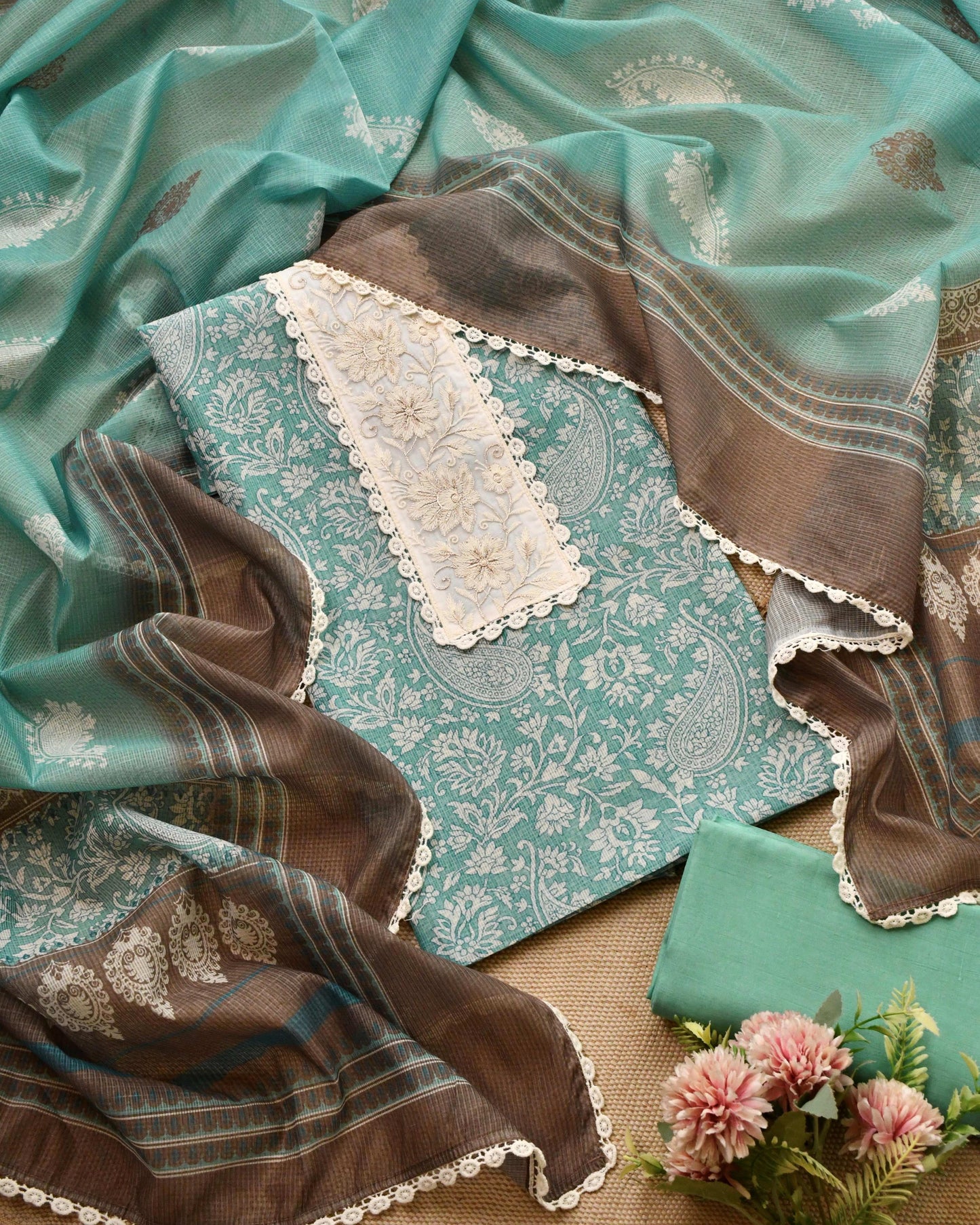 Designer Kota Doria Unstitched Suit Set – Floral Block Print with Elegant Crochet Lace