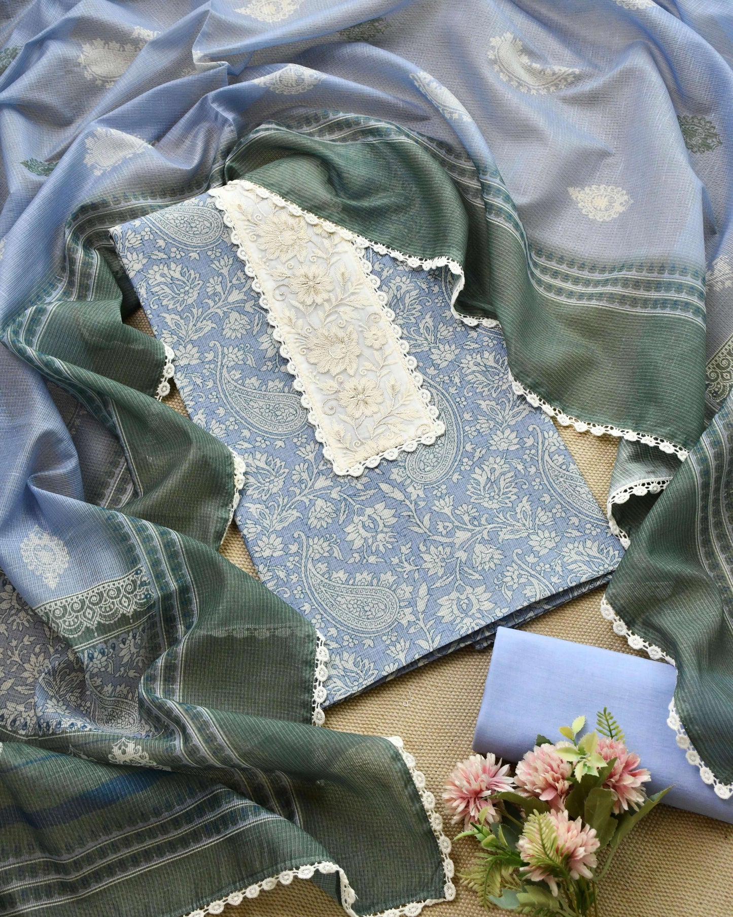 Designer Kota Doria Unstitched Suit Set – Floral Block Print with Elegant Crochet Lace