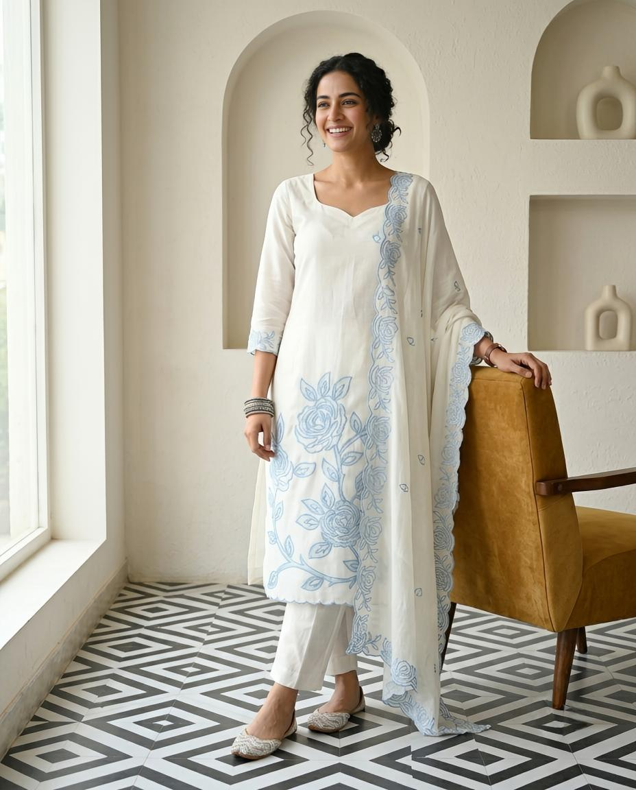 Premium Mul Chanderi Applique Work Unstitched Suit Set