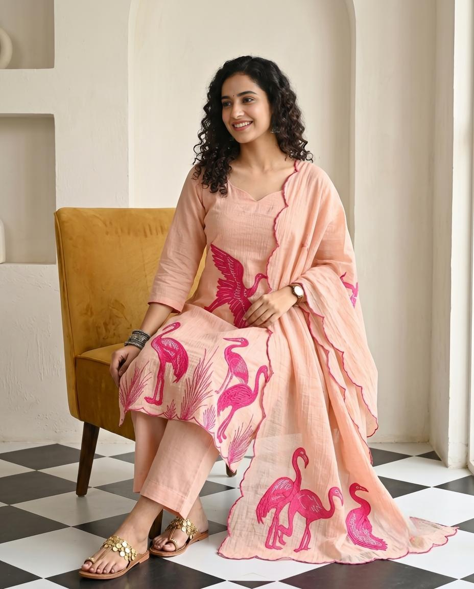 Premium Mul Chanderi Applique Work Unstitched Suit Set